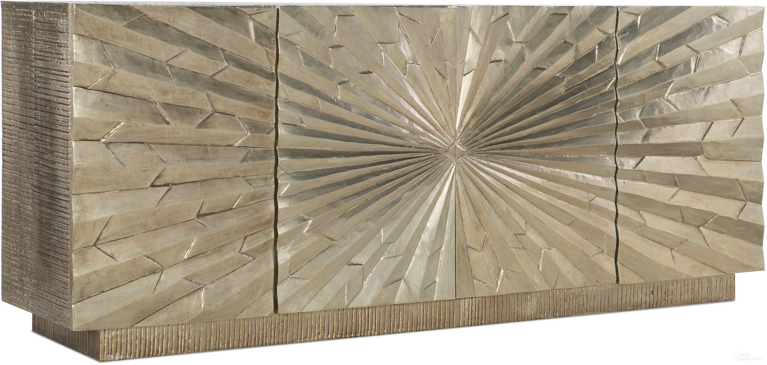 The appearance of Melange Big Bang Silver 78" Entertainment Console designed by Hooker in the transitional interior design. This silver piece of furniture was selected by 1StopBedrooms from Melange Collection to add a touch of cosiness and style into your home. Sku: 5667-55478-SLV. Material: Wood.