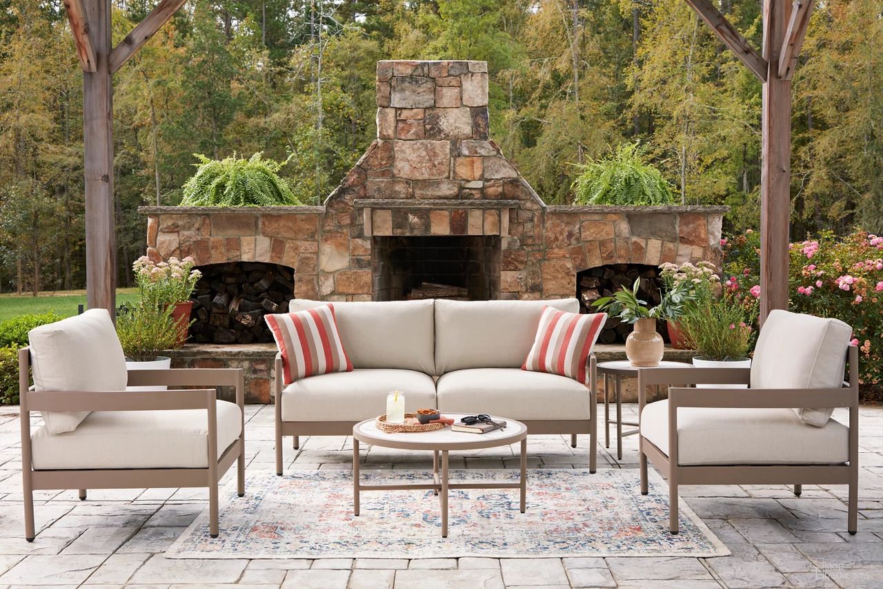 The appearance of Big Creek Cove Outdoor Love/Chairs/Tables Set Set of 5 In Beige designed by Signature Design by Ashley in the modern / contemporary interior design. This beige piece of furniture was selected by 1StopBedrooms from Big Creek Cove Collection to add a touch of cosiness and style into your home. Sku: P383-080. Material: Polyester.