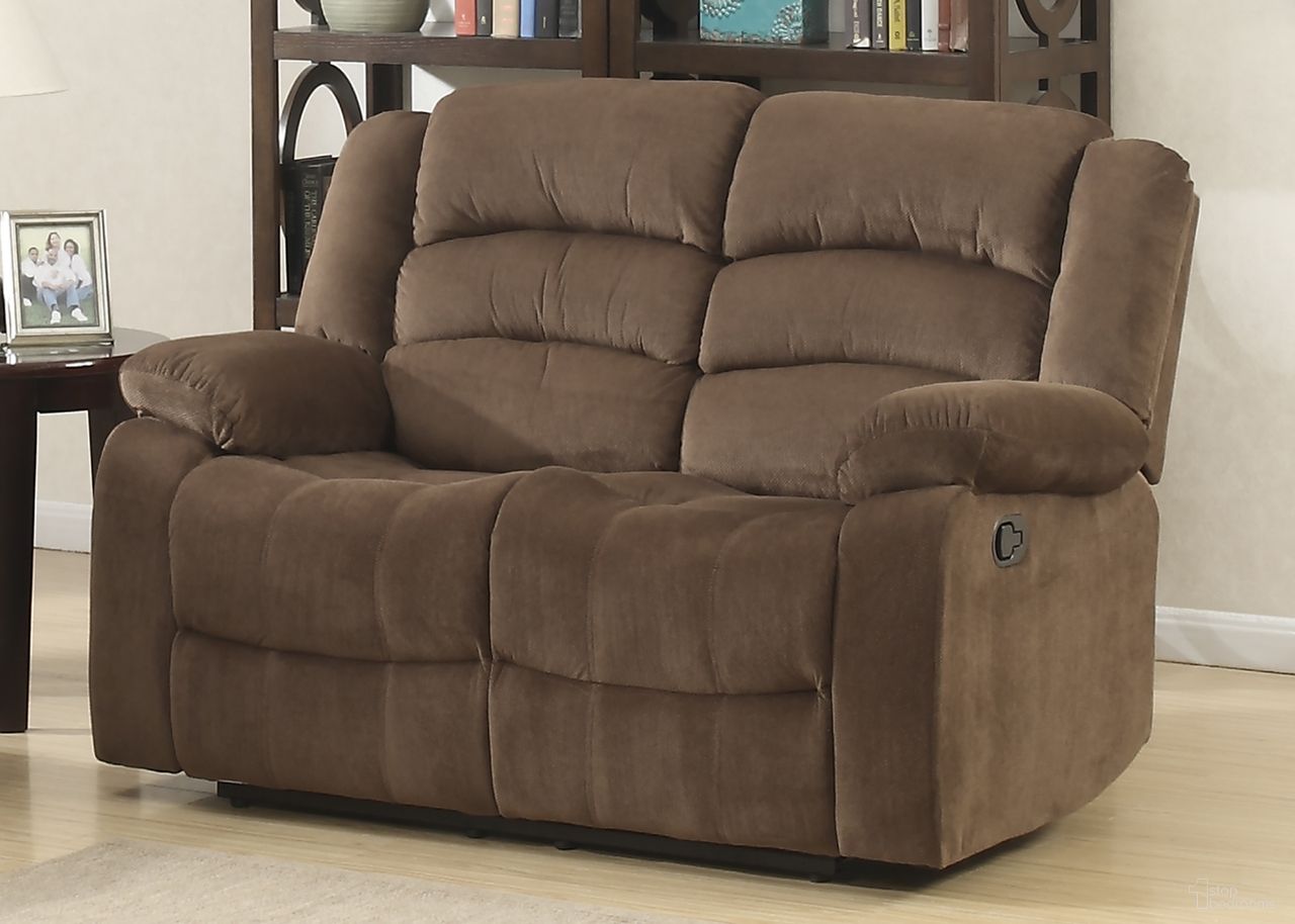 The appearance of Bill Contemporary Reclining Loveseat In Brown designed by AC Pacific in the modern / contemporary interior design. This brown piece of furniture was selected by 1StopBedrooms from Bill Collection to add a touch of cosiness and style into your home. Sku: BILL-BROWN-DRL. Material: Polyester.