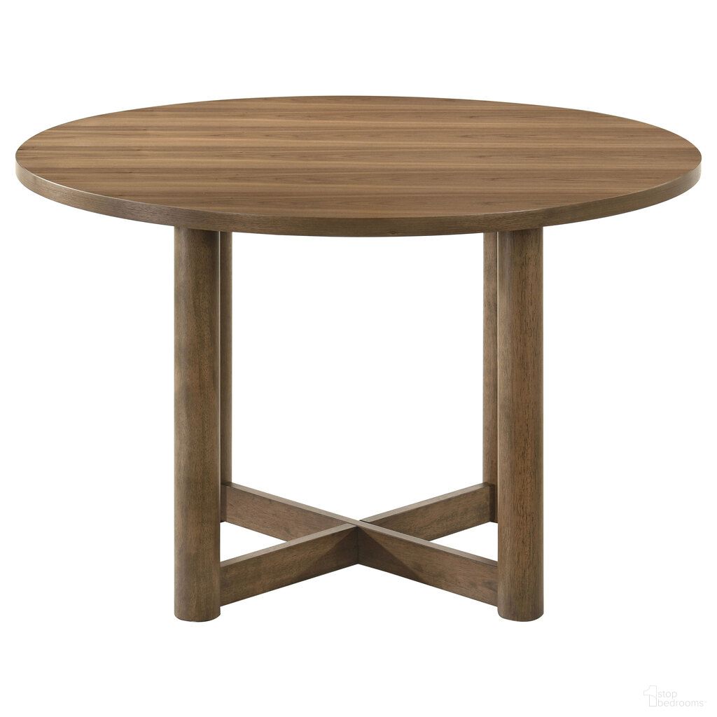 The appearance of Crestmore 46 Inch Round Wood Dining Table In Walnut designed by Coaster in the transitional interior design. This walnut piece of furniture was selected by 1StopBedrooms from Crestmore Collection to add a touch of cosiness and style into your home. Sku: 108570. Table Base Style: Trestle. Table Top Shape: Round. Material: MDF. Size: 46".