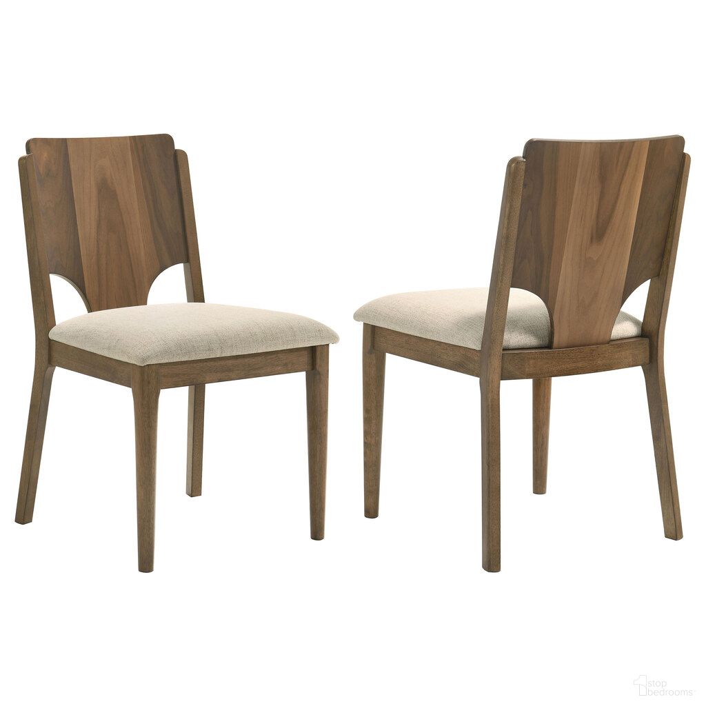 The appearance of Crestmore Dining Chair Upholstered Seat Set of 2 In Walnut and Beige designed by Coaster in the transitional interior design. This walnut and beige piece of furniture was selected by 1StopBedrooms from Crestmore Collection to add a touch of cosiness and style into your home. Sku: 108572. Material: Polyester. Chair Type: Side Chair.