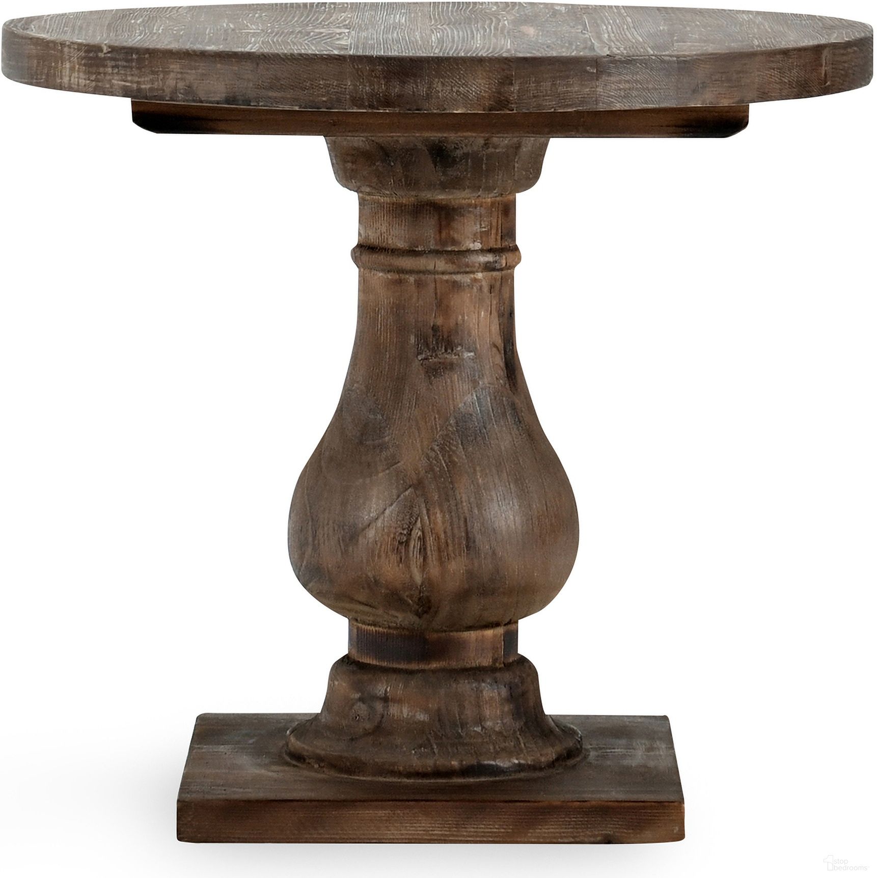 The appearance of Biltmore Round End Table In Aged Brown designed by Classic Home in the transitional interior design. This aged brown piece of furniture  was selected by 1StopBedrooms from Biltmore Collection to add a touch of cosiness and style into your home. Sku: 51030199. Material: Reclaimed Pine Wood.