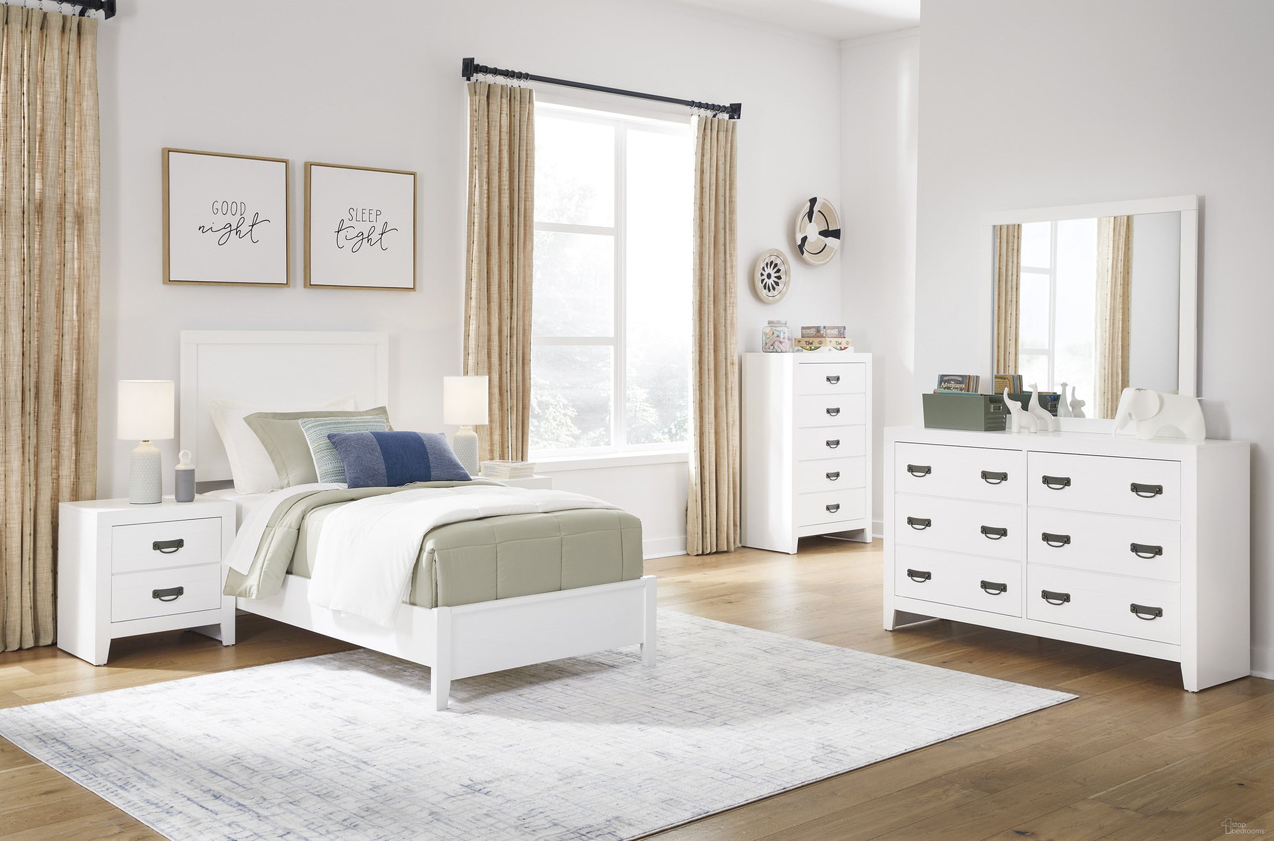 The appearance of Binterglen Youth Bedroom Set In White designed by Signature Design by Ashley in the transitional interior design. This white piece of furniture  was selected by 1StopBedrooms from Binterglen Collection to add a touch of cosiness and style into your home. Sku: B427-53;B427-83;B427-92. Bed Type: Panel Bed. Bed Size: Twin. Material: MDF.