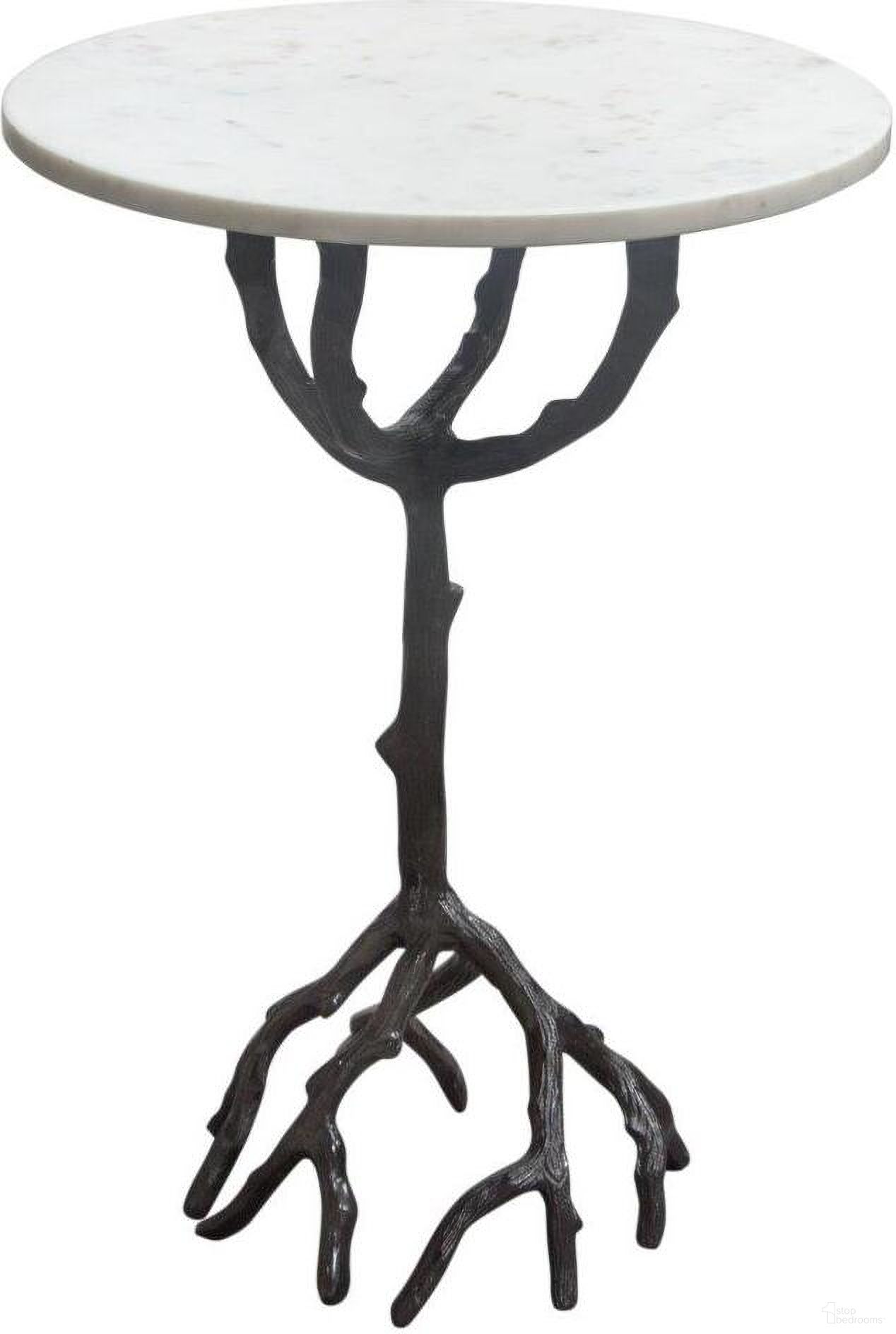 Birch Round Accent Table With Black Casted Aluminum Base And White Marble Top