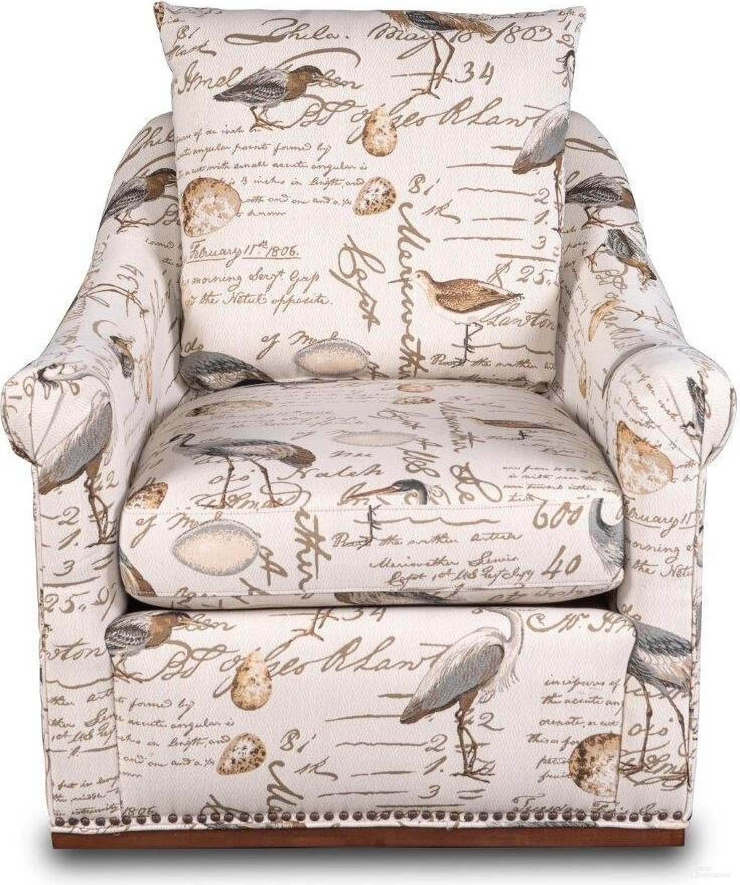 The appearance of Birdscript Nailhead Trim Swivel Chair designed by Sunset Trading in the traditional interior design. This cream piece of furniture  was selected by 1StopBedrooms from Birdscript Collection to add a touch of cosiness and style into your home. Sku: SU-1593-93-854825. Material: Wood.