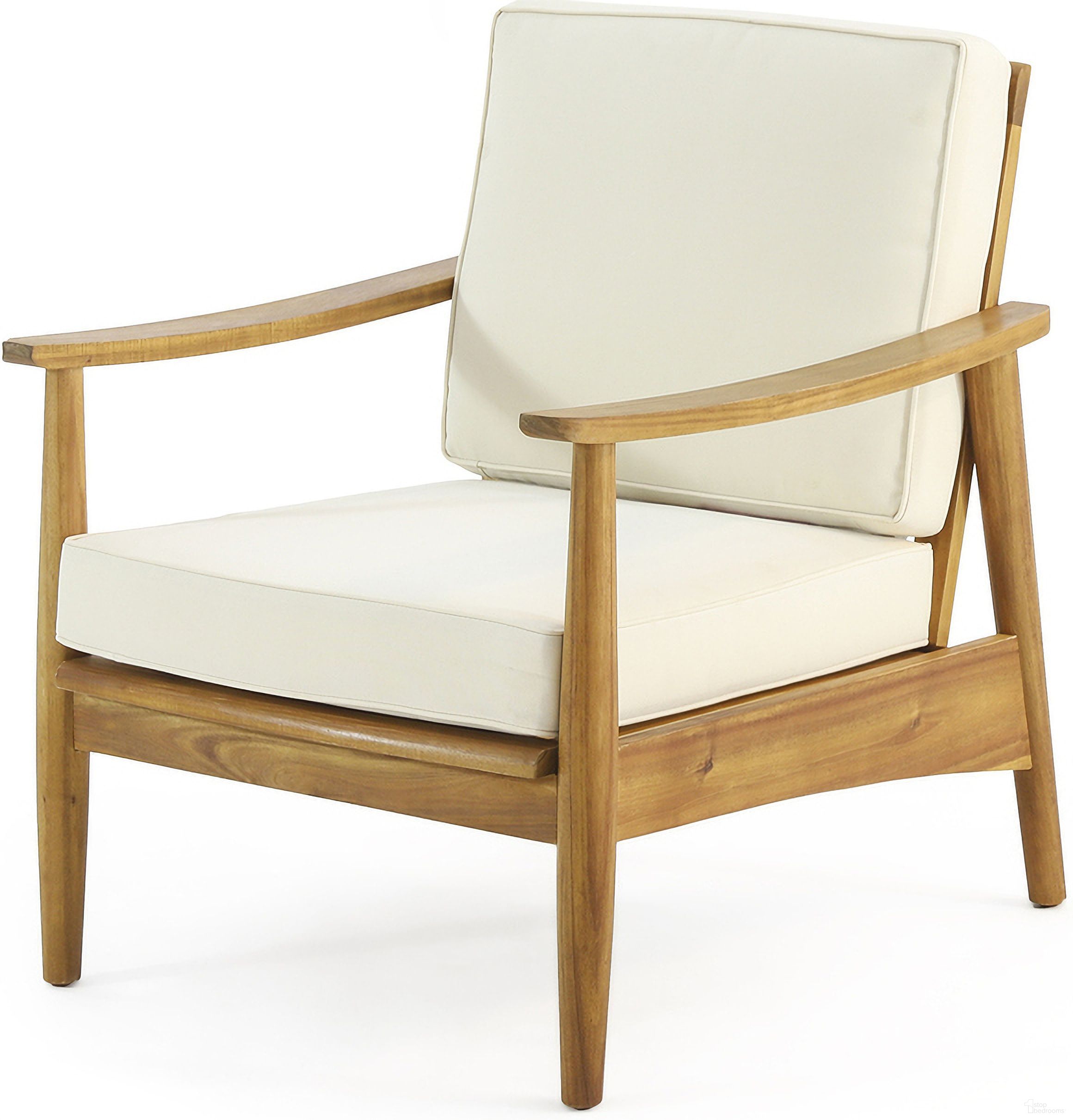 The appearance of Birdsong Outdoor Club Chair with Slat Back and Seat Cushion In Beige designed by Noble House in the rustic / southwestern interior design. This beige piece of furniture  was selected by 1StopBedrooms from Birdsong Collection to add a touch of cosiness and style into your home. Sku: 68624.00BGE. Material: Acacia Wood.