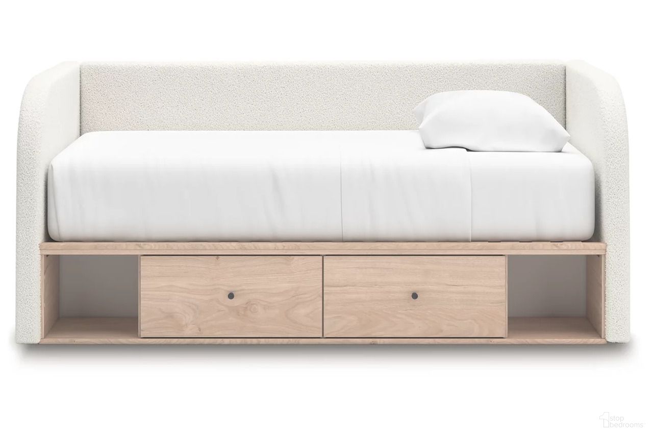 The appearance of Birkmore Twin Upholstered Day Bed with Storage In Tan and White designed by Signature Design by Ashley in the transitional interior design. This tan/white piece of furniture was selected by 1StopBedrooms from Birkmore Collection to add a touch of cosiness and style into your home. Sku: NCB1566-180;NCB1566-181;NCB1566-50. Bed Type: Daybed. Bed Size: Twin.