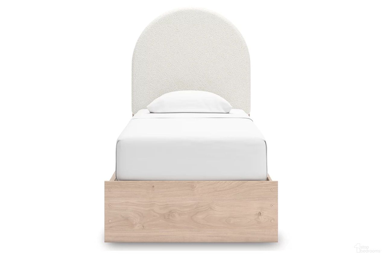 Birkmore Twin Upholstered Panel Bed with Storage In Tan and White
