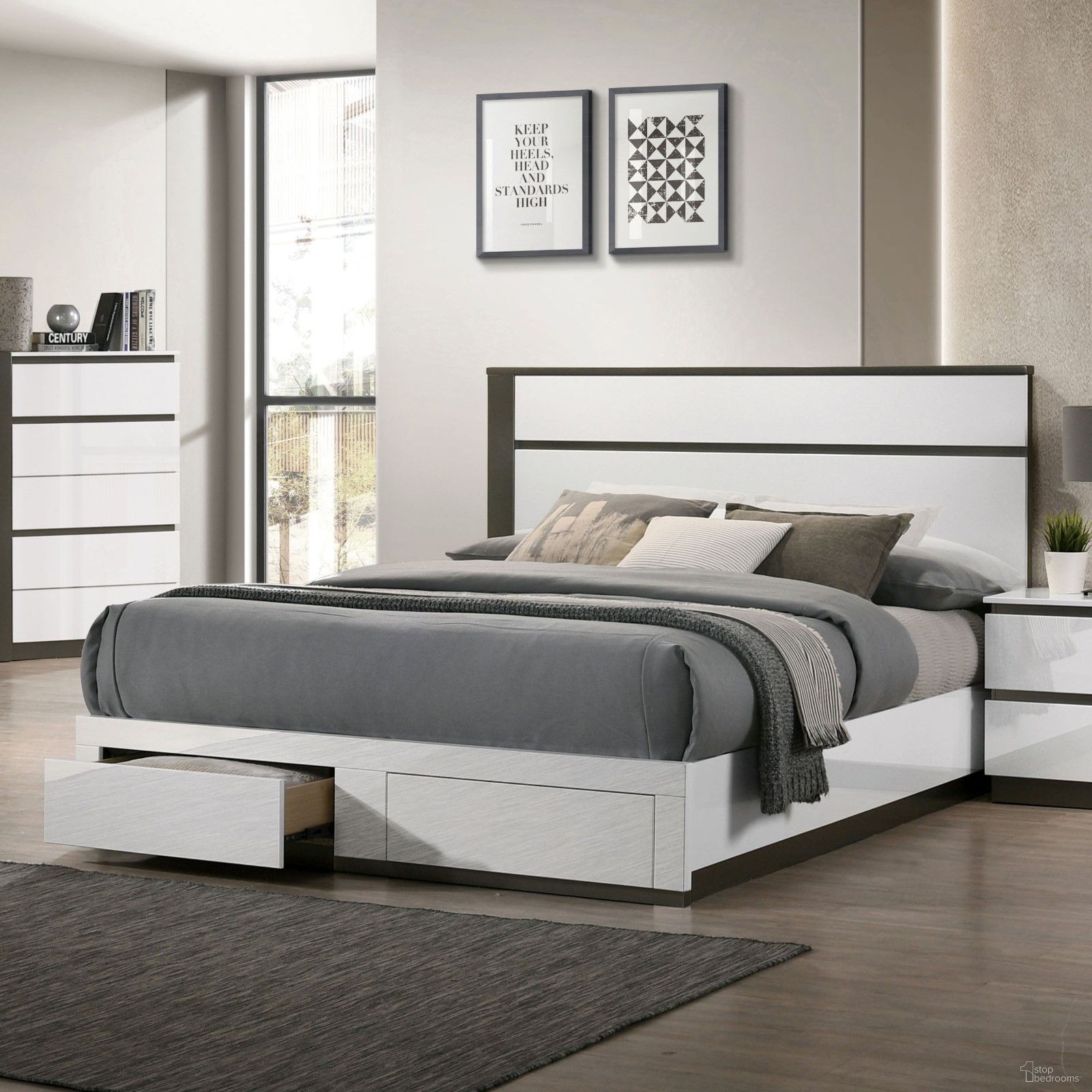 The appearance of Birsfelden Queen Bed With Drawers In White and Gray designed by Furniture of America in the modern / contemporary interior design. This white and gray piece of furniture was selected by 1StopBedrooms from Birsfelden Collection to add a touch of cosiness and style into your home. Sku: FOA7225WH-Q-1-DR;FOA7225WH-Q-2-DR;FOA7225WH-Q-3-DR. Bed Type: Platform Bed. Material: Wood. Bed Size: Queen.