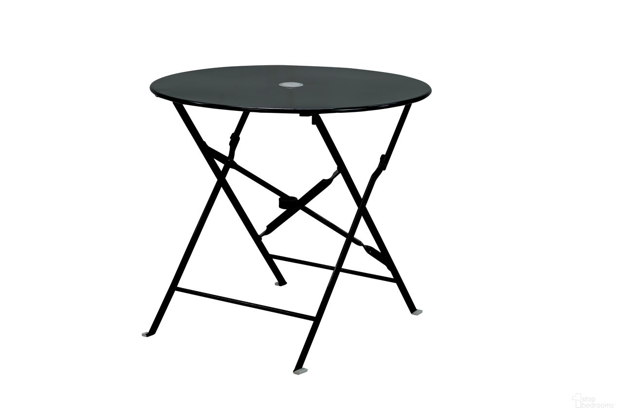 The appearance of Bistro 30 Inch Round Folding Outdoor Table with Umbrella Hole In Black designed by Carolina Living in the modern / contemporary interior design. This black piece of furniture was selected by 1StopBedrooms from Bistro Collection to add a touch of cosiness and style into your home. Sku: 3030FTBL. Table Top Shape: Round. Material: Metal.