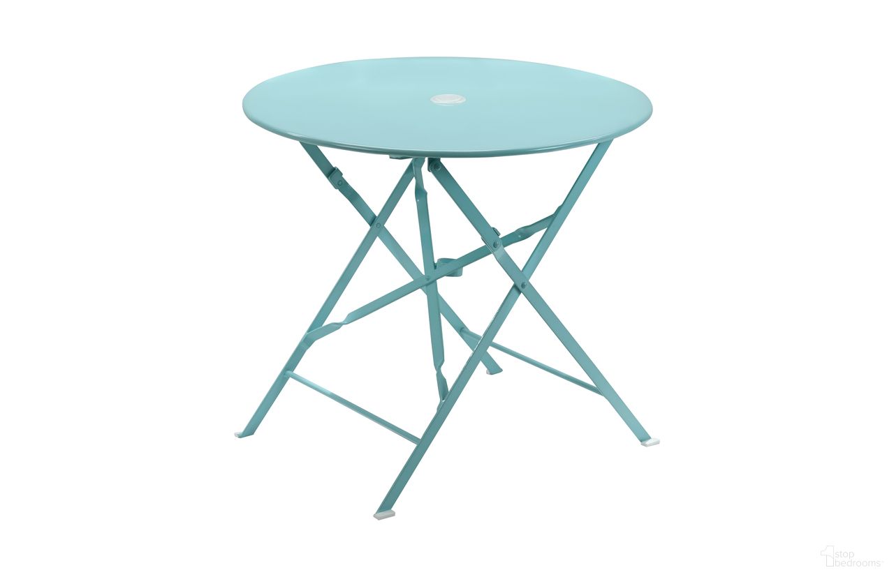 The appearance of Bistro 30 Inch Round Folding Outdoor Table with Umbrella Hole In Teal designed by Carolina Living in the modern / contemporary interior design. This teal piece of furniture was selected by 1StopBedrooms from Bistro Collection to add a touch of cosiness and style into your home. Sku: 3030FTTE. Table Top Shape: Round. Material: Metal.