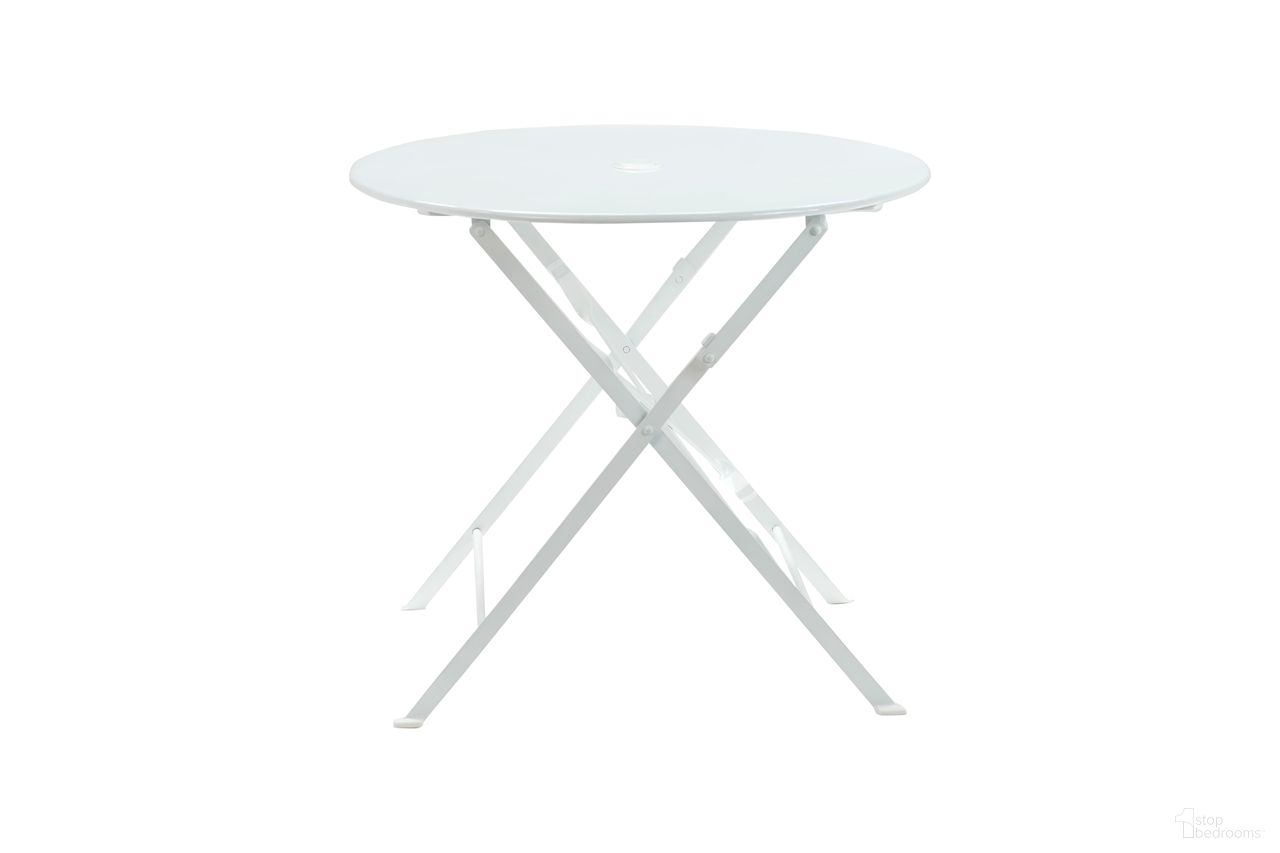 Bistro 30 Inch Round Folding Outdoor Table with Umbrella Hole In White