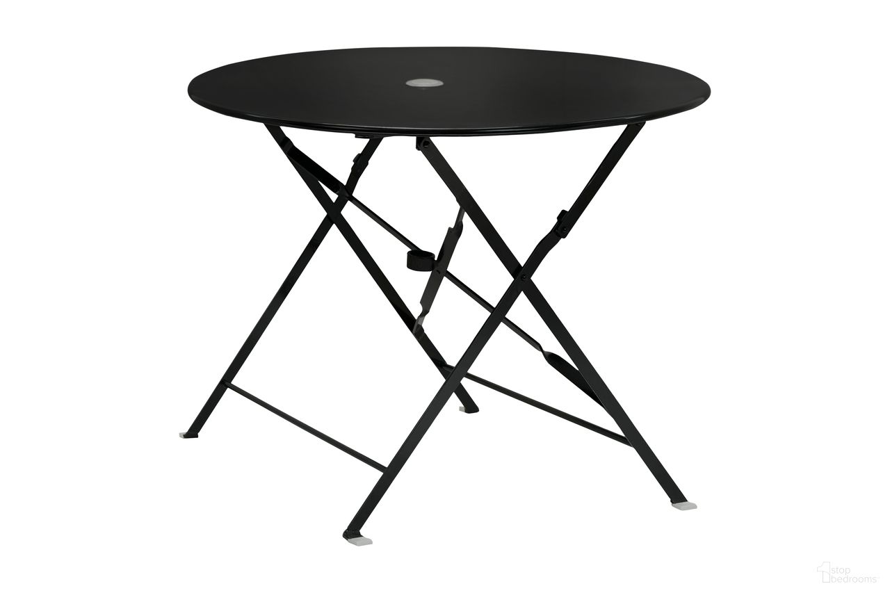 The appearance of Bistro 36 Inch Round Folding Outdoor Table with Umbrella Hole In Black designed by Carolina Living in the modern / contemporary interior design. This black piece of furniture was selected by 1StopBedrooms from Bistro Collection to add a touch of cosiness and style into your home. Sku: 3636FTBL. Table Top Shape: Round. Material: Metal.