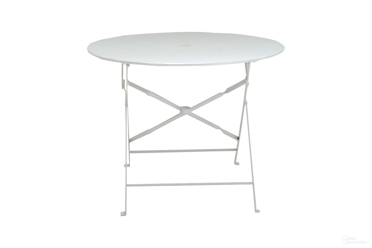 Bistro 36 Inch Round Folding Outdoor Table with Umbrella Hole In White