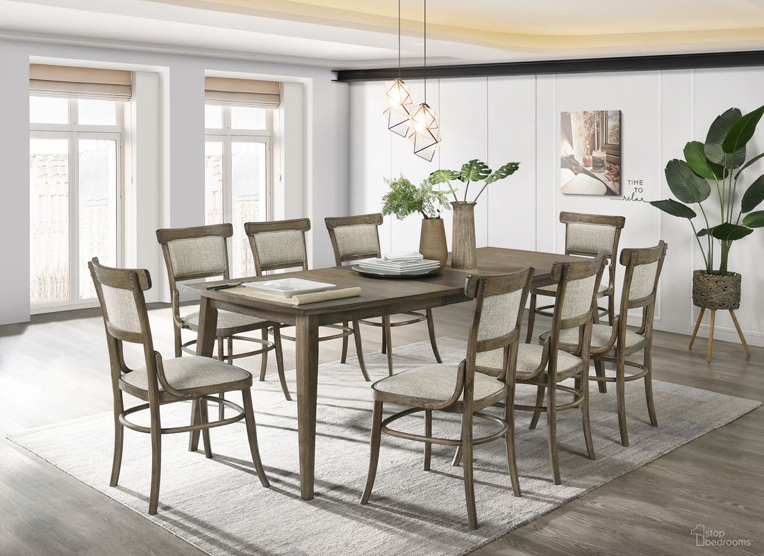 Bistro 88 Inch 9 Piece Dining Table with Extension Leaf and Off White Fabric Dining Chairs In Vintage Walnut