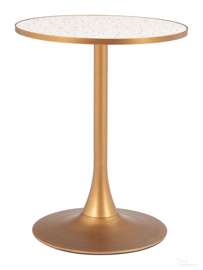 The appearance of Bite Bistro Table In Beige and Gold designed by Zuo Modern in the modern / contemporary interior design. This gold and beige piece of furniture was selected by 1StopBedrooms from Bite Collection to add a touch of cosiness and style into your home. Sku: 110401. Table Top Shape: Round. Material: MDF.