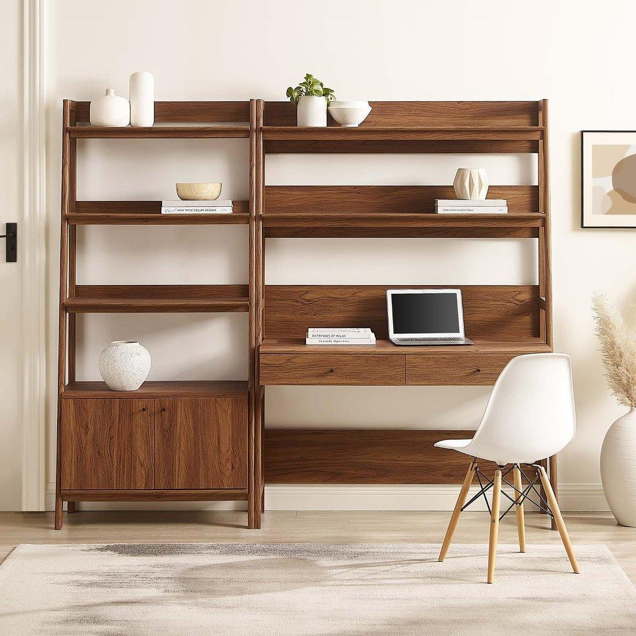 The appearance of Bixby 2 Piece Wood Office Desk And Bookshelf In Walnut EEI-6112-WAL designed by Modway in the transitional interior design. This walnut piece of furniture was selected by 1StopBedrooms from Bixby Collection to add a touch of cosiness and style into your home. Sku: EEI-4656-WAL;EEI-6073-WAL-1;EEI-6073-WAL-2. Material: Wood.