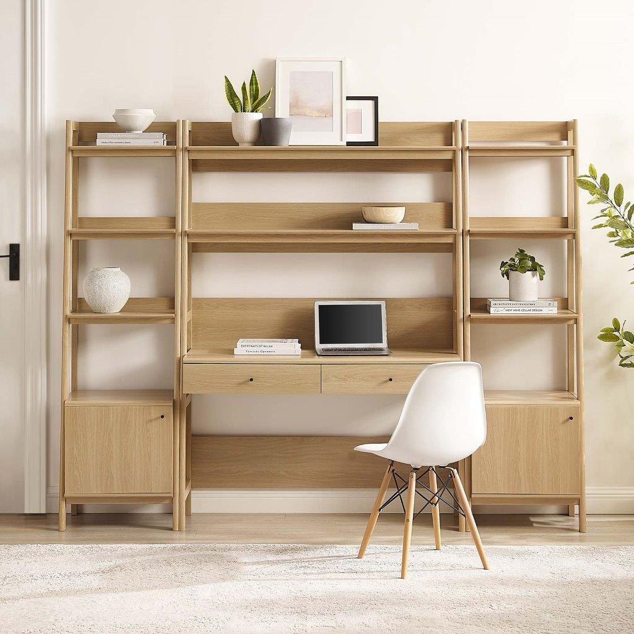 The appearance of Bixby 3 Piece Wood Office Desk And Bookshelf In Oak EEI-6114-OAK designed by Modway in the transitional interior design. This oak piece of furniture was selected by 1StopBedrooms from Bixby Collection to add a touch of cosiness and style into your home. Sku: EEI-4655-OAK;EEI-6073-OAK-1;EEI-6073-OAK-2;EEI-4655-OAK. Material: Wood.