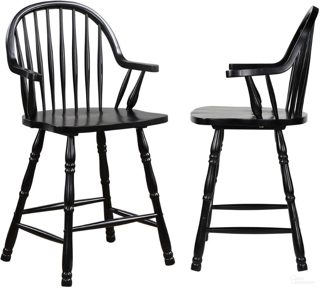 The appearance of Black Cherry Selections 24 Inch Counter Height Windsor Arm Stool Set of 2 designed by Sunset Trading in the country / farmhouse interior design. This antique black and cherry piece of furniture  was selected by 1StopBedrooms from Black Cherry Selections Collection to add a touch of cosiness and style into your home. Sku: DLU-B3024A-AB-2. Material: Wood.