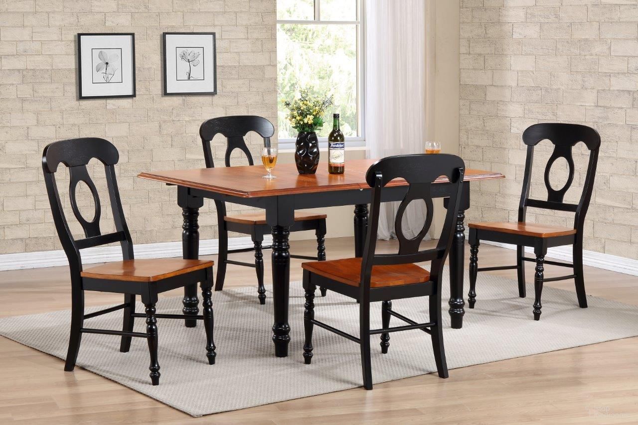 The appearance of Black Cherry Selections Antique Black and Cherry 5 Piece Butterfly Leaf Dining Set with Napoleon Chairs designed by Sunset Trading in the modern / contemporary interior design. This antique black and cherry piece of furniture  was selected by 1StopBedrooms from Black Cherry Selections Collection to add a touch of cosiness and style into your home. Sku: DLU-TLB-3660-BCH;DLU-C50-BCH-2;DLU-C50-BCH-2. Material: Wood.
