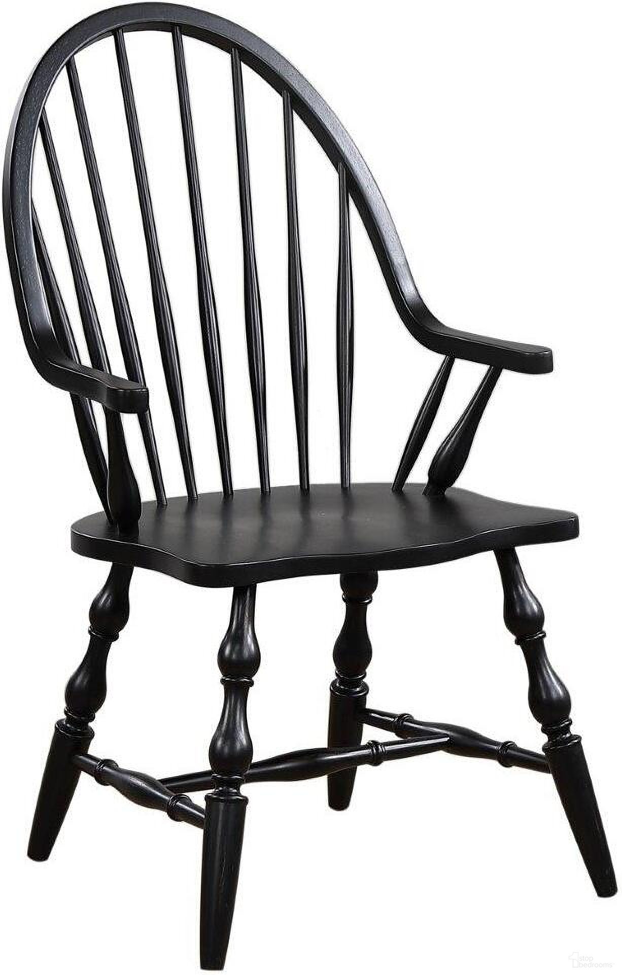 The appearance of Black Cherry Selections Antique Black Windsor Dining Chair with Arms designed by Sunset Trading in the country / farmhouse interior design. This antique black and cherry piece of furniture was selected by 1StopBedrooms from Black Cherry Selections Collection to add a touch of cosiness and style into your home. Sku: DLU-C30A-AB. Material: Wood. Chair Type: Side Chair.