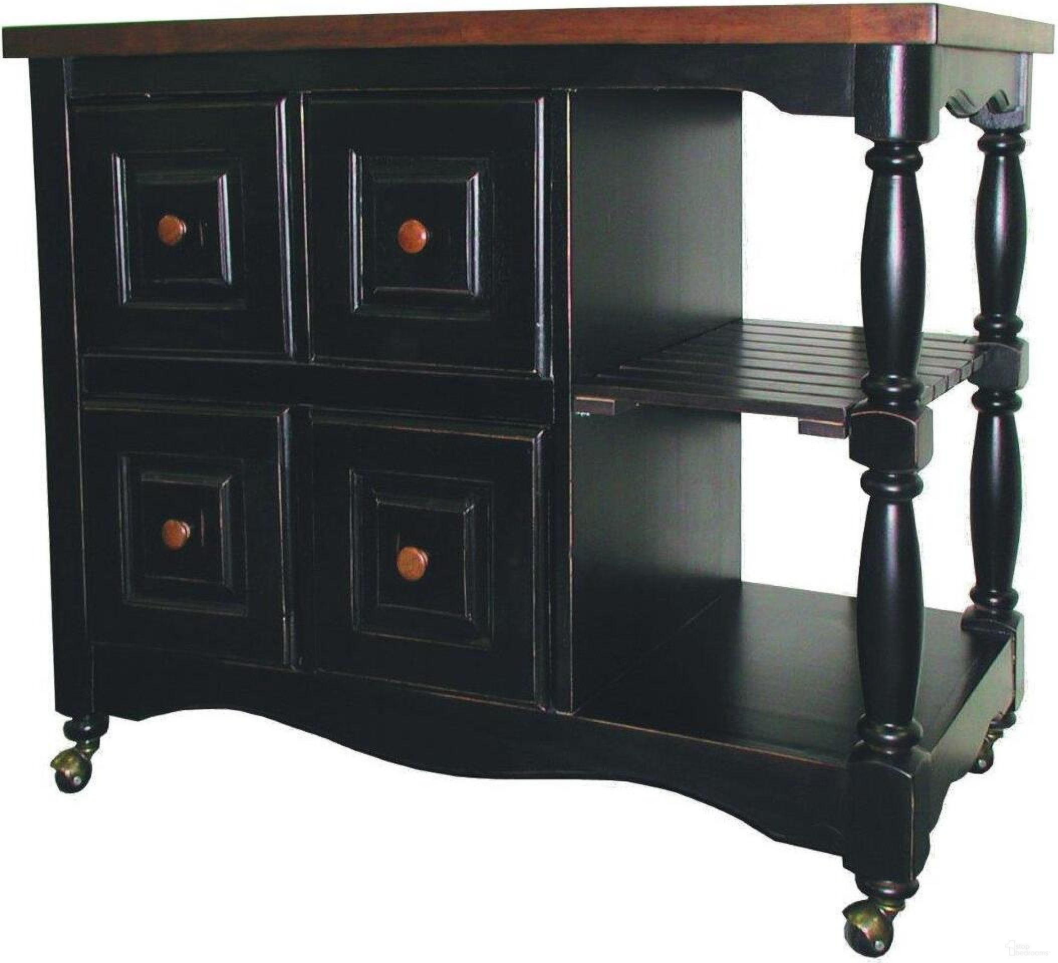 The appearance of Black Cherry Selections Antique Black with Cherry Accents Regal Kitchen Cart designed by Sunset Trading in the transitional interior design. This antique black and cherry piece of furniture  was selected by 1StopBedrooms from Black Cherry Selections Collection to add a touch of cosiness and style into your home. Sku: DCY-CRT-03-BCH. Material: Wood.