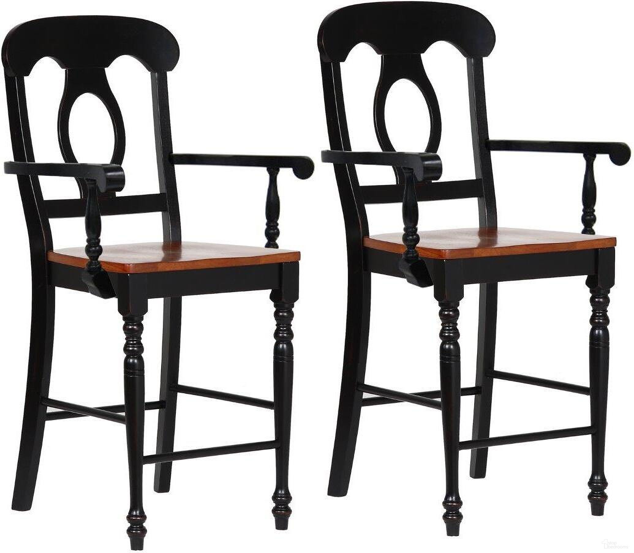 The appearance of Black Cherry Selections Napoleon Barstool with Arms Set of 2 designed by Sunset Trading in the traditional interior design. This antique black and cherry piece of furniture  was selected by 1StopBedrooms from Black Cherry Selections Collection to add a touch of cosiness and style into your home. Sku: DLU-B50A-BCH-2. Material: Wood.