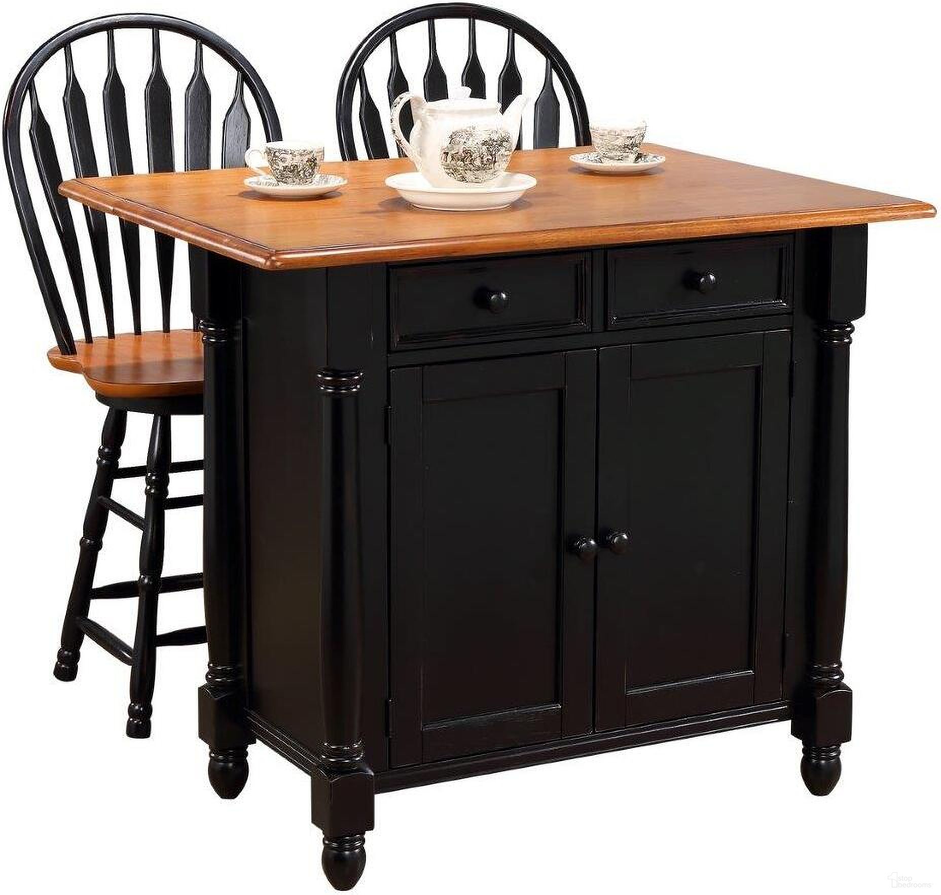 The appearance of Black Cherry Selections Storage Antique Black with Cherry Drop Leaf Kitchen Island with 2 Swivel Stools designed by Sunset Trading in the transitional interior design. This antique black and cherry piece of furniture was selected by 1StopBedrooms from Black Cherry Selections Collection to add a touch of cosiness and style into your home. Sku: DLU-KI-4222-BCH;DLU-B24-BCH;DLU-B24-BCH. Material: Wood.