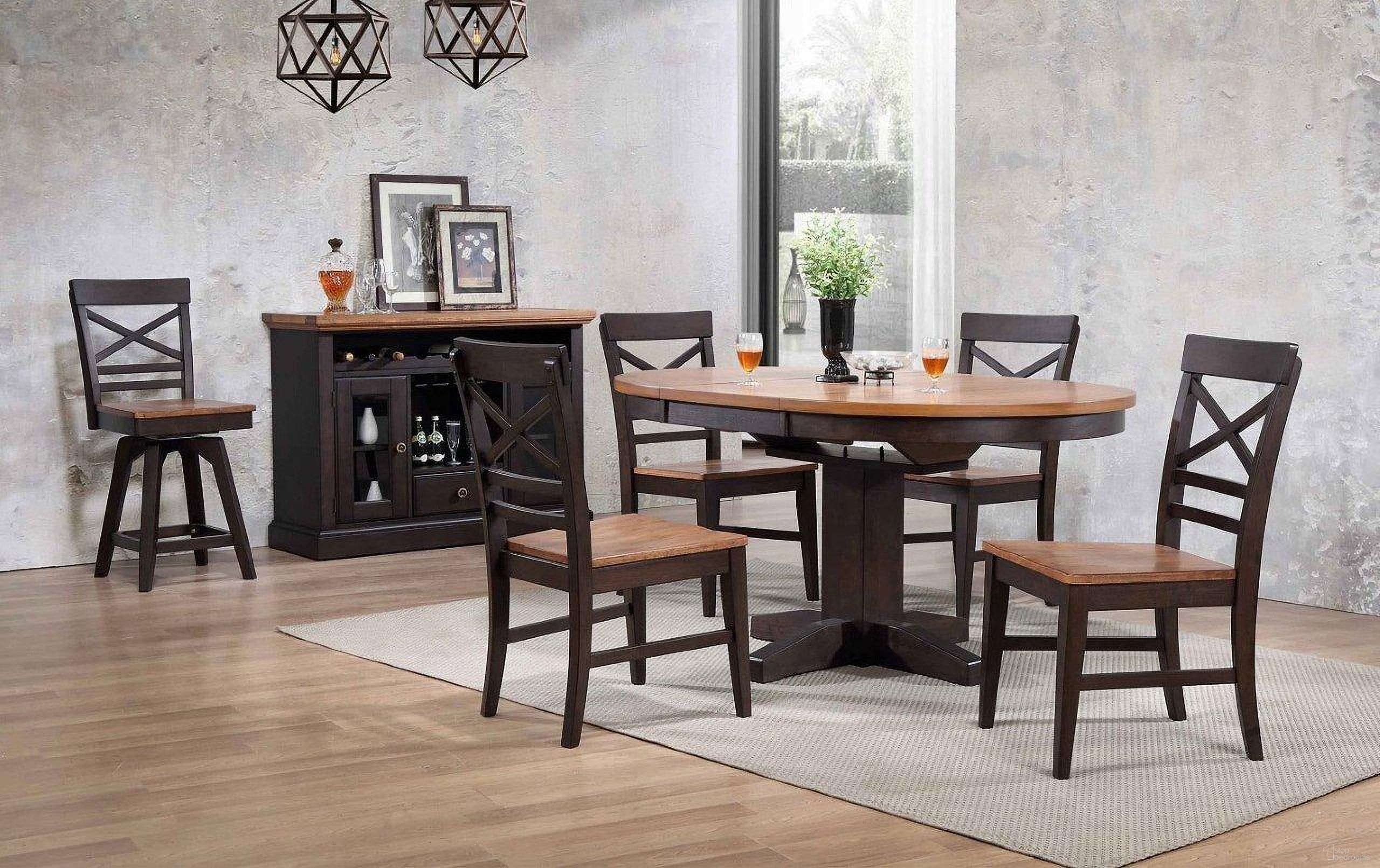 The appearance of Black Oak Round Dining Room Set designed by ECI in the transitional interior design. This black piece of furniture was selected by 1StopBedrooms from Choices Collection to add a touch of cosiness and style into your home. Sku: 0733-50-RT;0733-50-RB;0738-50-S1. Table Base Style: Pedestal. Table Top Shape: Round. Material: Wood. Size: 42".