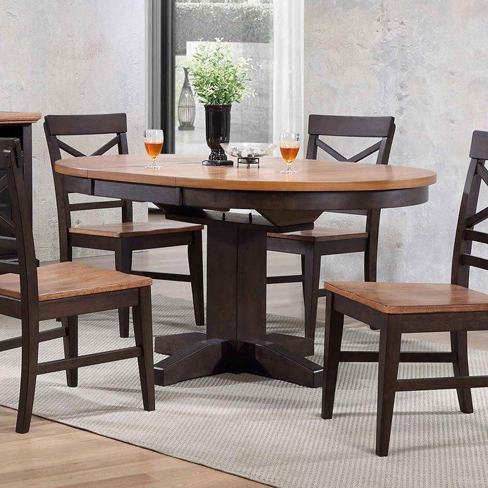 The appearance of Black Oak Round Table designed by ECI in the transitional interior design. This black piece of furniture  was selected by 1StopBedrooms from Choices Collection to add a touch of cosiness and style into your home. Sku: 0733-50-RT;0733-50-RB. Table Base Style: Pedestal. Table Top Shape: Round. Size: 42". Material: Hardwood.