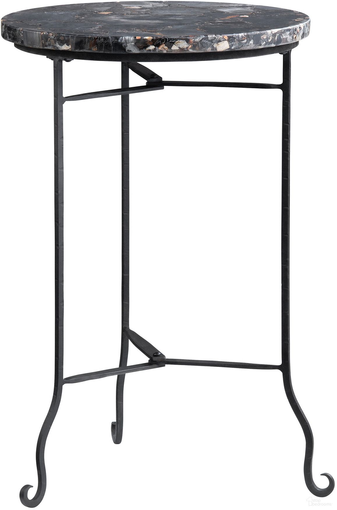 The appearance of Black Petrified Wood and Metal Round Accent/End Table In Black and Brown designed by Crestview Collection in the transitional interior design. This black/brown piece of furniture  was selected by 1StopBedrooms from  to add a touch of cosiness and style into your home. Sku: CVFNR4599. Material: Solid Wood.
