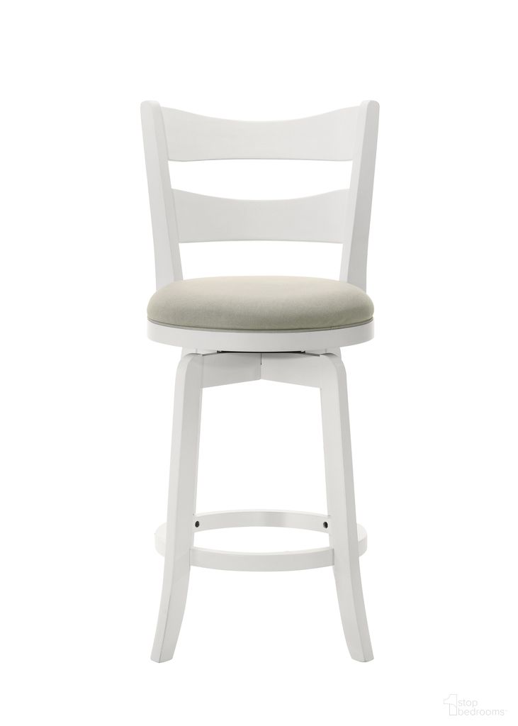 The appearance of Blair 26 Inch Counter Height Rubberwood Swivel Barstool with Fog Fabric Seat In Fog and Matte White designed by Armen Living in the country / farmhouse interior design. This fog/matte white piece of furniture was selected by 1StopBedrooms from Blair Collection to add a touch of cosiness and style into your home. Sku: LCBLBAWHFG26. Material: Rubberwood.