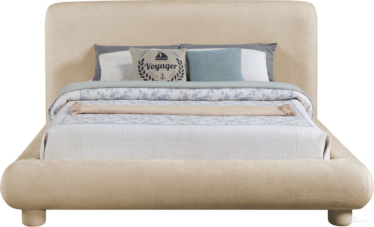 The appearance of Blair Chenille Fabric Upholstered King Bed In Beige designed by Meridian in the modern / contemporary interior design. This beige piece of furniture  was selected by 1StopBedrooms from Blair Collection to add a touch of cosiness and style into your home. Sku: B1235Beige-K Box 1/2 (Headboard / Slats);B1235Beige-K Box 2/2 (Footboard / Rails). Bed Size: King. Material: Chenille. Bed Type: Upholstered Bed.