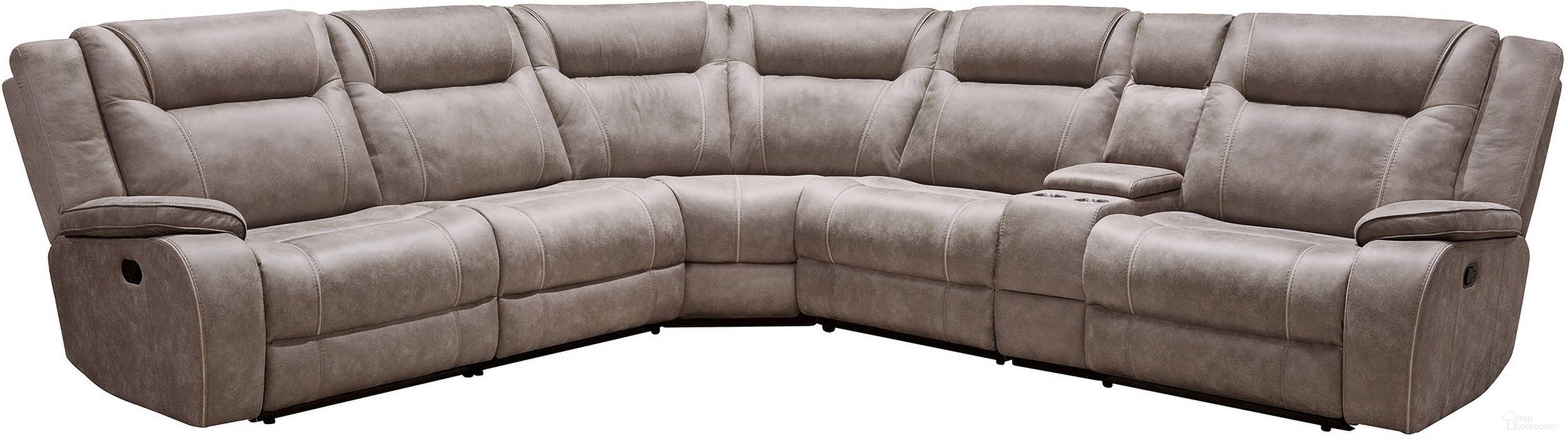 The appearance of Blake 6 Piece Modular Reclining Sectional and Entertainment Console In Taupe designed by Parker House in the transitional interior design. This taupe piece of furniture was selected by 1StopBedrooms from Blake Collection to add a touch of cosiness and style into your home. Sku: MBLA#810-DTAU;MBLA#811L-DTAU;MBLA#811R-DTAU;MBLA#840-DTAU;MBLA#850-DTAU;MBLA#860-DTAU. Material: Leather. Layout: Modular.