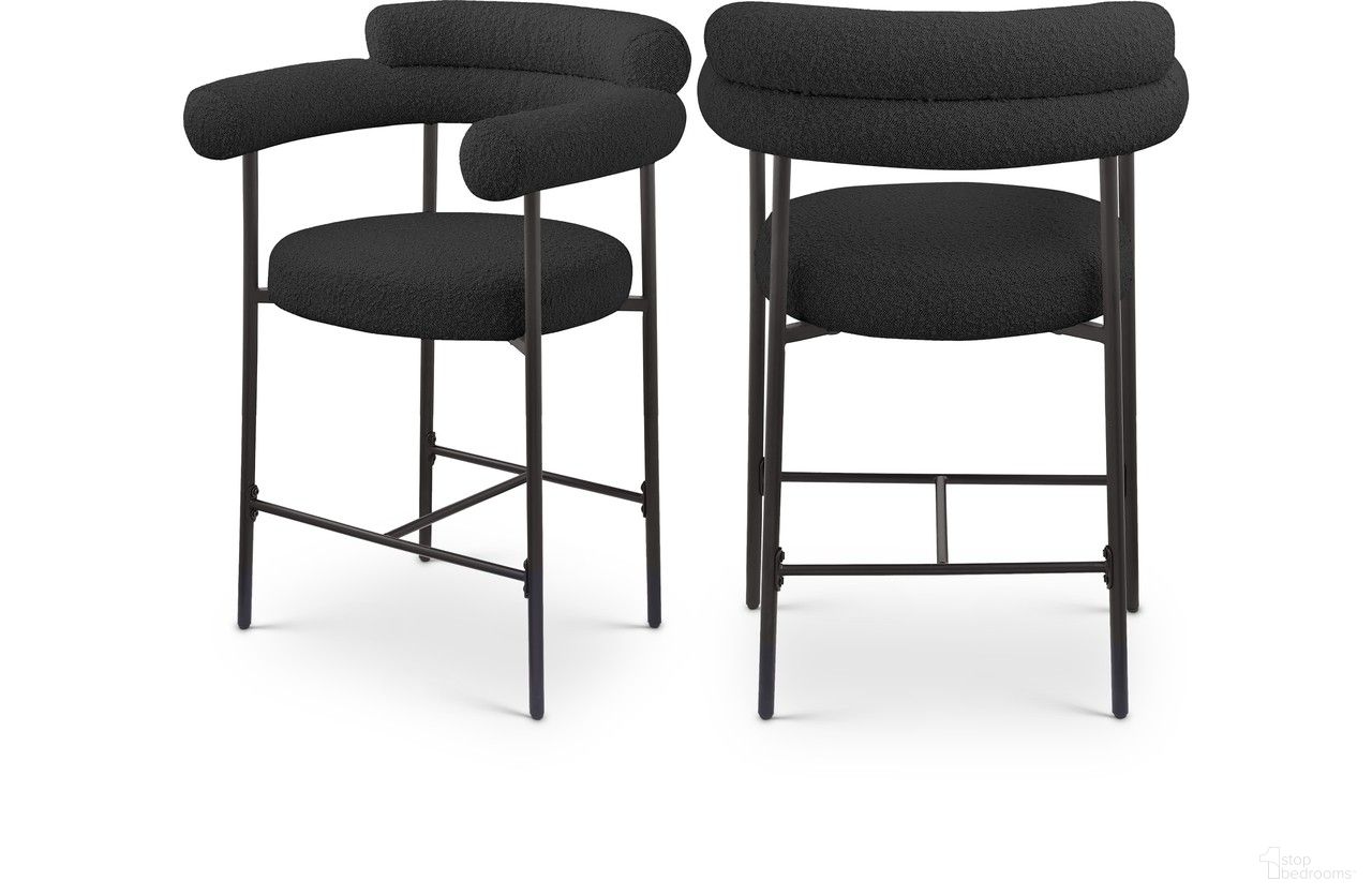 The appearance of Blake Boucle Fabric Counter Stool Set of 2 In Black designed by Meridian in the modern / contemporary interior design. This black piece of furniture  was selected by 1StopBedrooms from Blake Collection to add a touch of cosiness and style into your home. Sku: 986Black-C. Material: Iron.