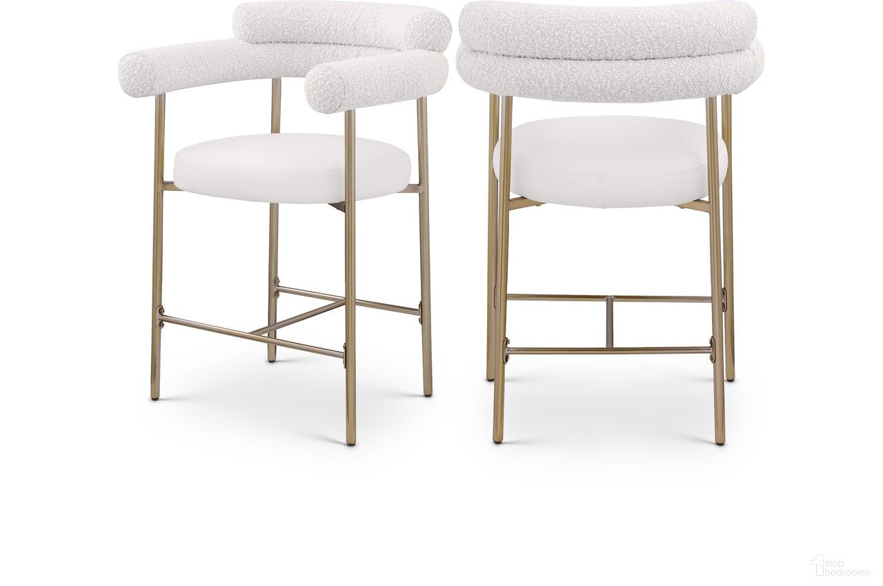 The appearance of Blake Boucle Fabric Counter Stool Set of 2 In Cream designed by Meridian in the modern / contemporary interior design. This cream piece of furniture  was selected by 1StopBedrooms from Blake Collection to add a touch of cosiness and style into your home. Sku: 994Cream-C. Material: Iron.