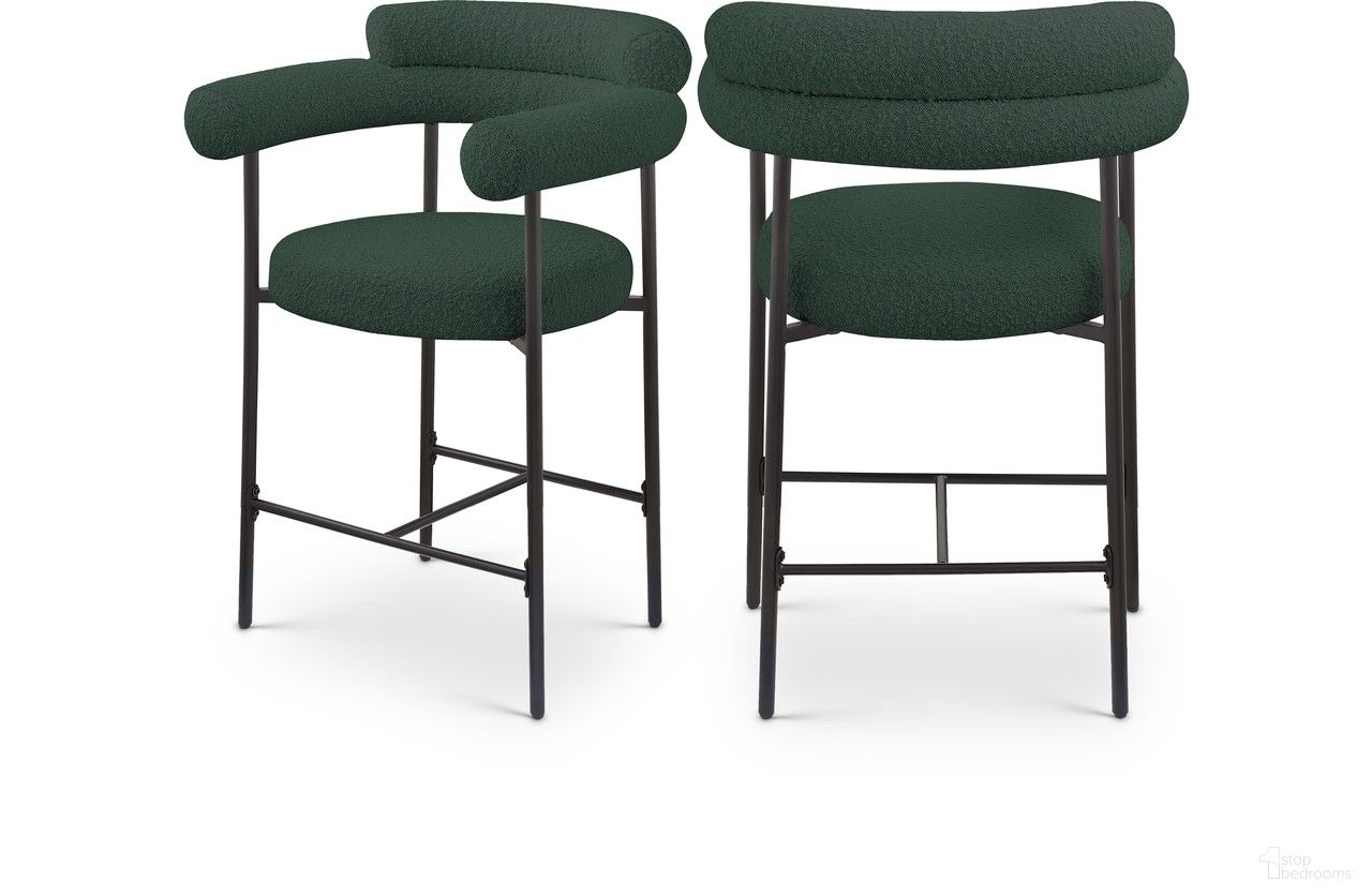 The appearance of Blake Boucle Fabric Counter Stool Set of 2 In Green designed by Meridian in the modern / contemporary interior design. This green piece of furniture  was selected by 1StopBedrooms from Blake Collection to add a touch of cosiness and style into your home. Sku: 986Green-C. Material: Iron.