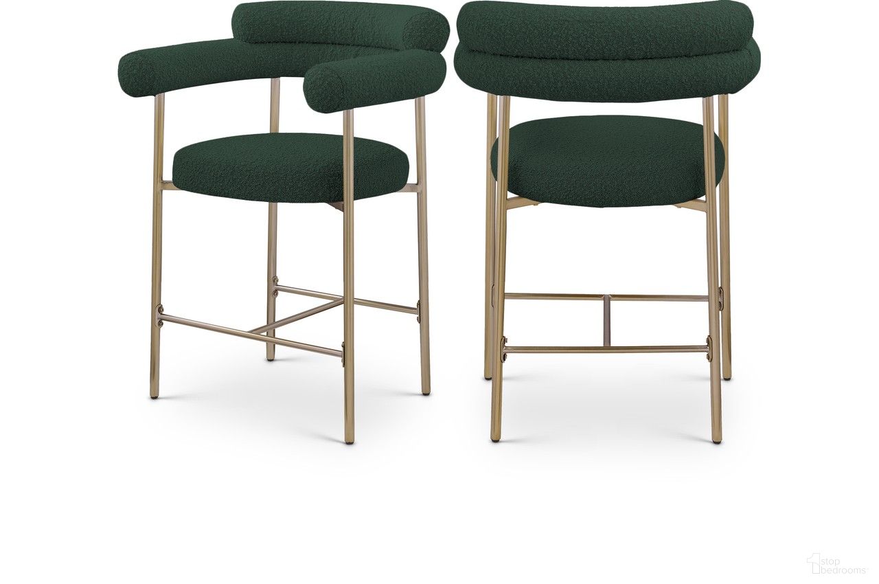 The appearance of Blake Boucle Fabric Counter Stool Set of 2 In Green designed by Meridian in the modern / contemporary interior design. This green piece of furniture  was selected by 1StopBedrooms from Blake Collection to add a touch of cosiness and style into your home. Sku: 993Green-C. Material: Iron.
