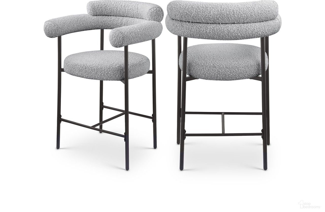 The appearance of Blake Boucle Fabric Counter Stool Set of 2 In Grey designed by Meridian in the modern / contemporary interior design. This grey piece of furniture  was selected by 1StopBedrooms from Blake Collection to add a touch of cosiness and style into your home. Sku: 986Grey-C. Material: Iron.