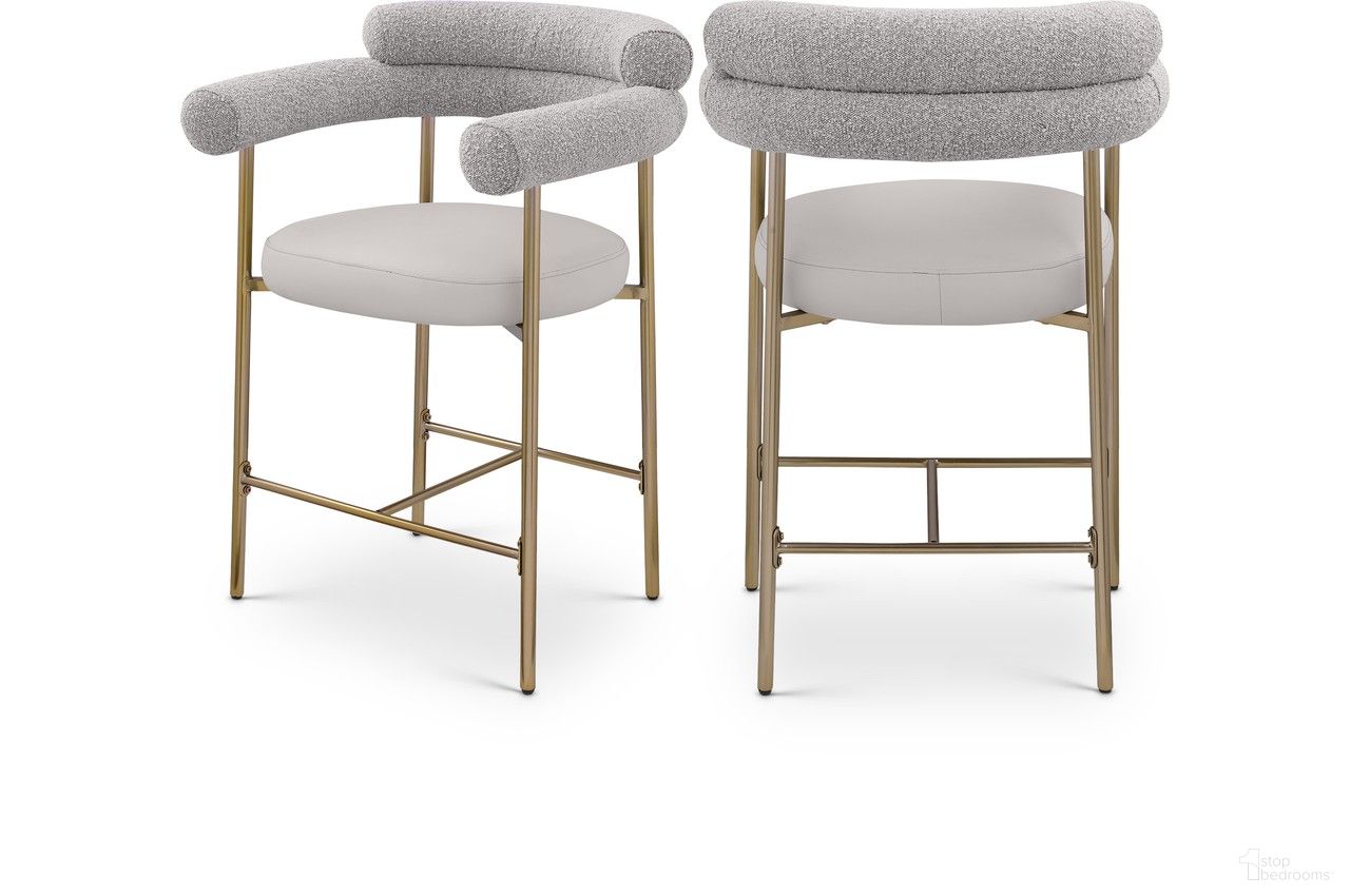 The appearance of Blake Boucle Fabric Counter Stool Set of 2 In Taupe designed by Meridian in the modern / contemporary interior design. This taupe piece of furniture was selected by 1StopBedrooms from Blake Collection to add a touch of cosiness and style into your home. Sku: 994Taupe-C. Material: Iron.