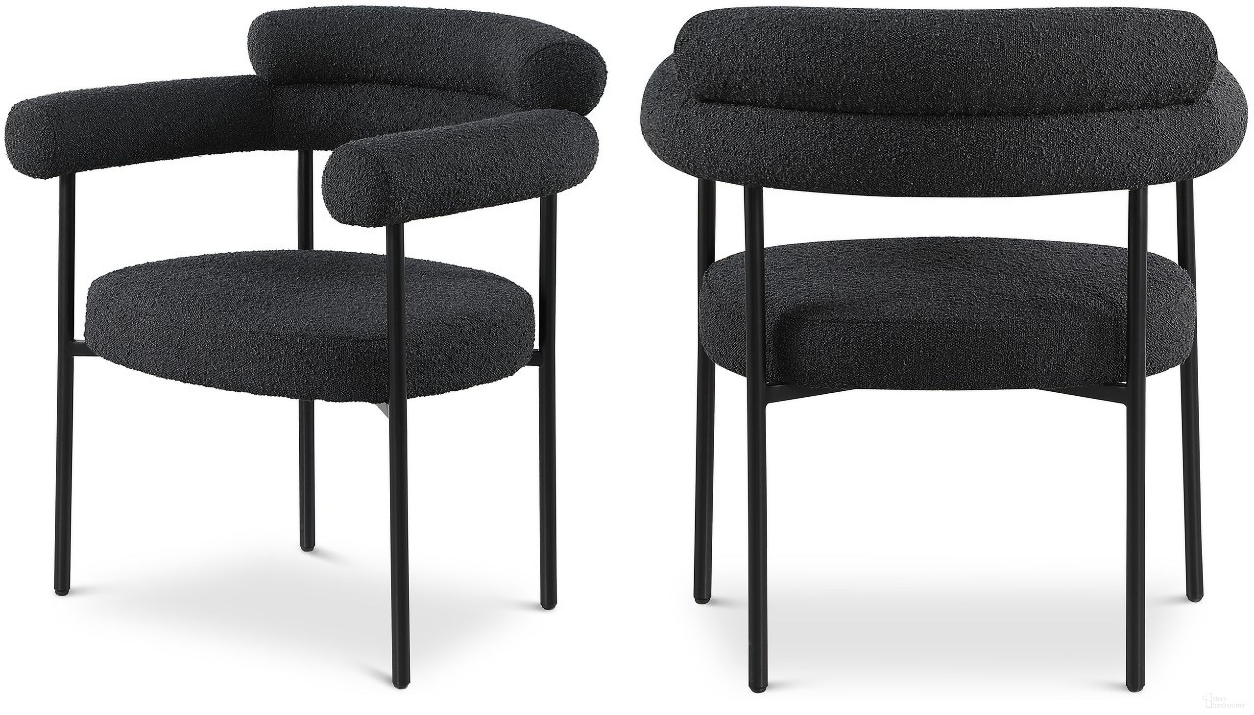 The appearance of Blake Boucle Fabric Dining Chair Set of 2 In Black/Matte Black designed by Meridian in the modern / contemporary interior design. This black piece of furniture was selected by 1StopBedrooms from Blake Collection to add a touch of cosiness and style into your home. Sku: 879Black-C. Material: Iron. Chair Type: Arm Chair.
