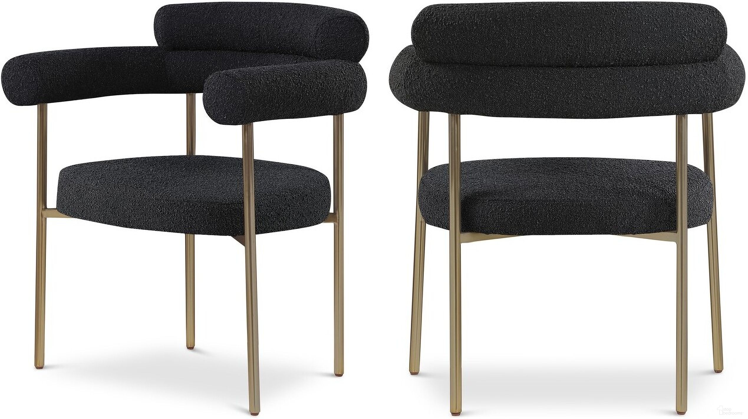 The appearance of Blake Boucle Fabric Dining Chair Set of 2 In Black/Brushed Brass designed by Meridian in the modern / contemporary interior design. This black piece of furniture  was selected by 1StopBedrooms from Blake Collection to add a touch of cosiness and style into your home. Sku: 871Black-C. Material: Iron. Chair Type: Arm Chair.