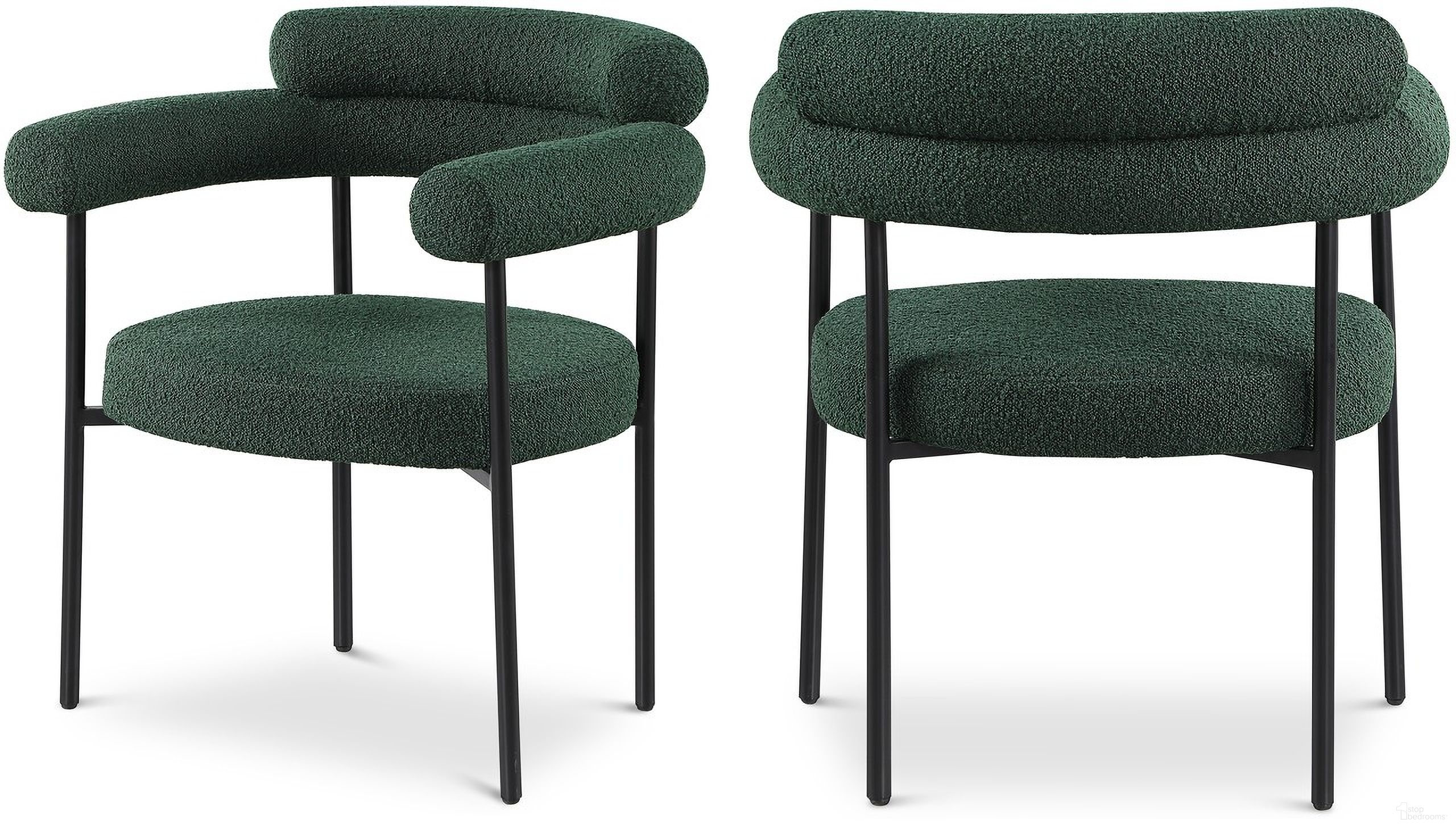 The appearance of Blake Boucle Fabric Dining Chair Set of 2 In Green/Matte Black designed by Meridian in the modern / contemporary interior design. This green piece of furniture  was selected by 1StopBedrooms from Blake Collection to add a touch of cosiness and style into your home. Sku: 879Green-C. Material: Iron. Chair Type: Arm Chair.