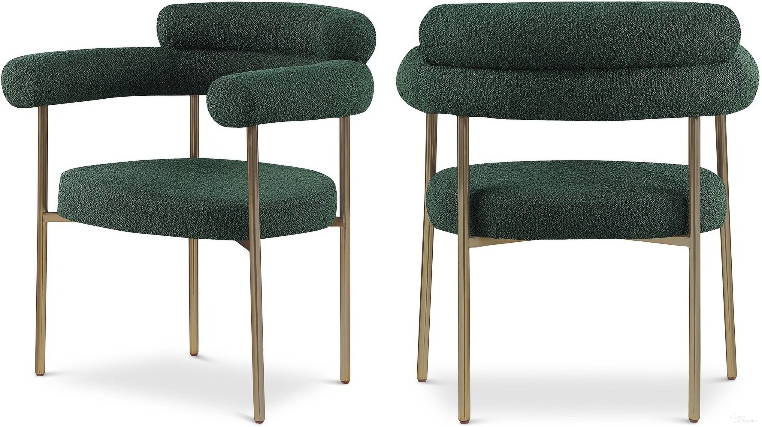 The appearance of Blake Boucle Fabric Dining Chair Set of 2 In Green/Brushed Brass designed by Meridian in the modern / contemporary interior design. This green piece of furniture  was selected by 1StopBedrooms from Blake Collection to add a touch of cosiness and style into your home. Sku: 871Green-C. Material: Iron. Chair Type: Arm Chair.