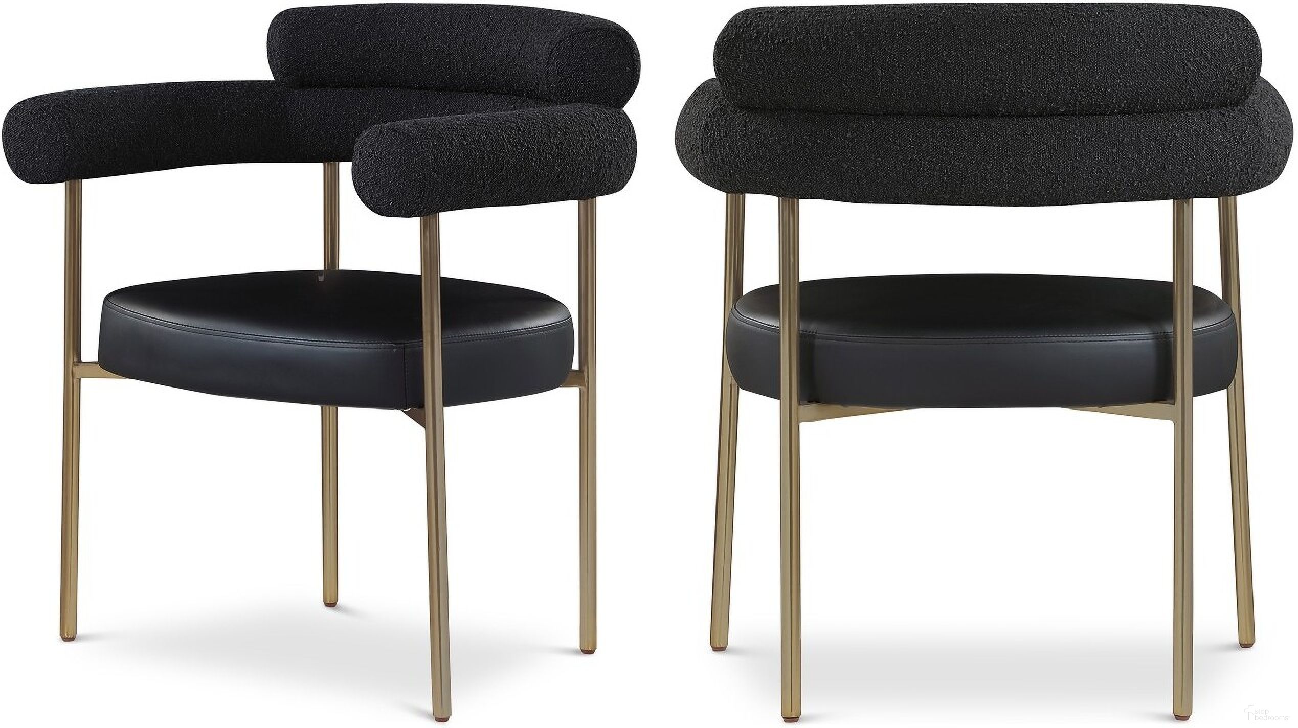 The appearance of Blake Vegan Leather/Boucle Fabric Dining Chair Set of 2 In Black designed by Meridian in the modern / contemporary interior design. This black piece of furniture was selected by 1StopBedrooms from Blake Collection to add a touch of cosiness and style into your home. Sku: 870Black-C. Material: Iron. Chair Type: Arm Chair.
