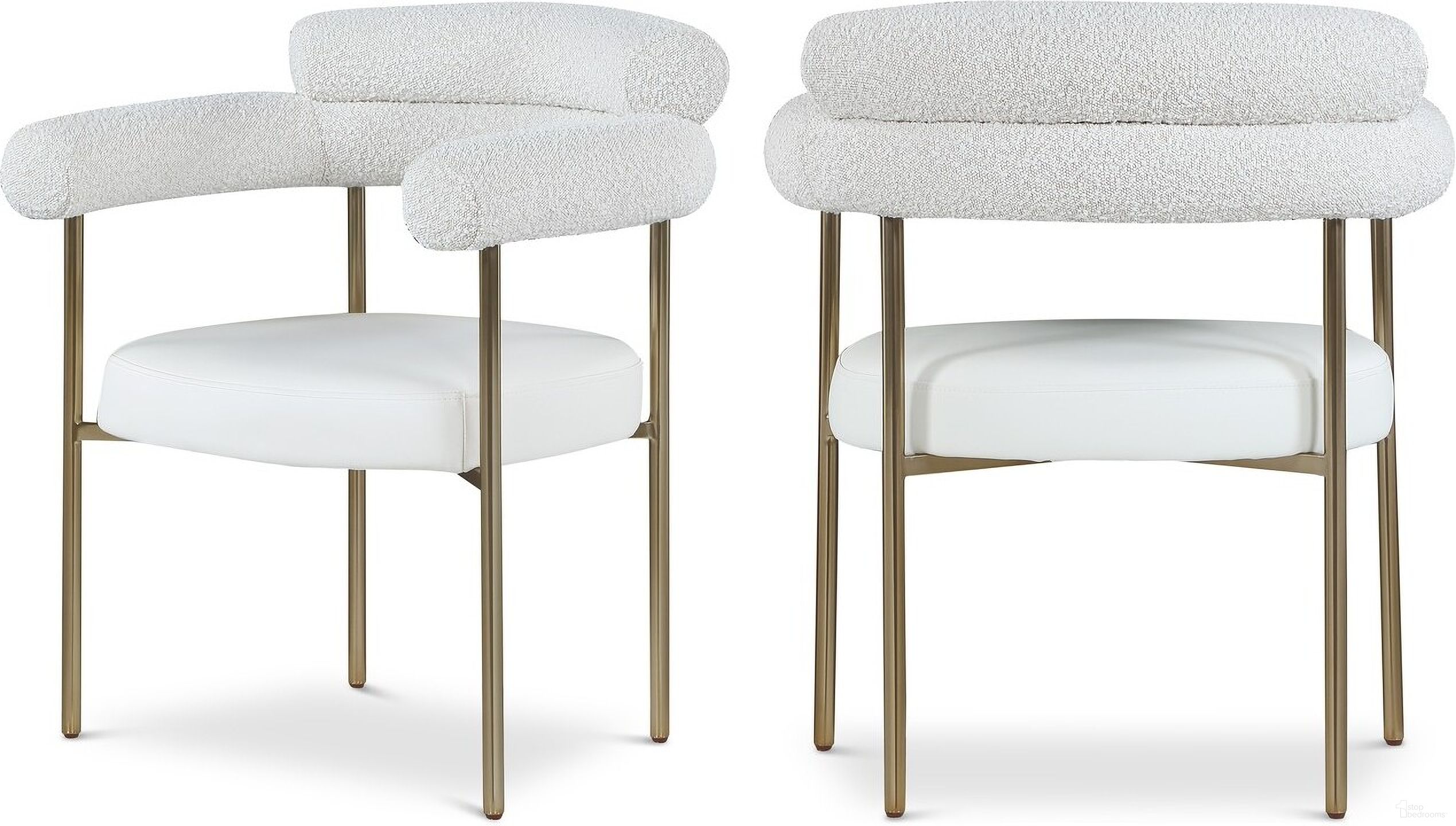 The appearance of Blake Vegan Leather / Boucle Fabric Dining Chair Set of 2 In Cream designed by Meridian in the modern / contemporary interior design. This cream piece of furniture  was selected by 1StopBedrooms from Blake Collection to add a touch of cosiness and style into your home. Sku: 870Cream-C. Material: Iron. Chair Type: Arm Chair.