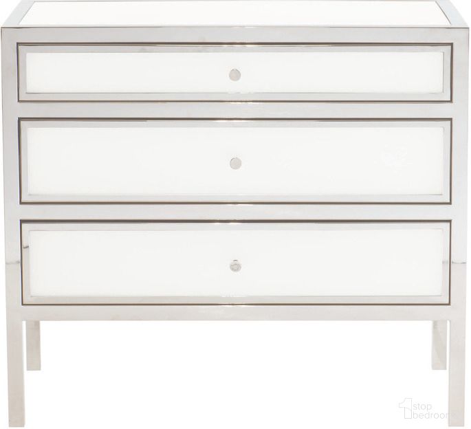 The appearance of Blanca Nightstand - 34" designed by Bernhardt in the modern / contemporary interior design. This white/polished stainless steel piece of furniture  was selected by 1StopBedrooms from Blanca Collection to add a touch of cosiness and style into your home. Sku: 372215. Material: Stainless Steel.