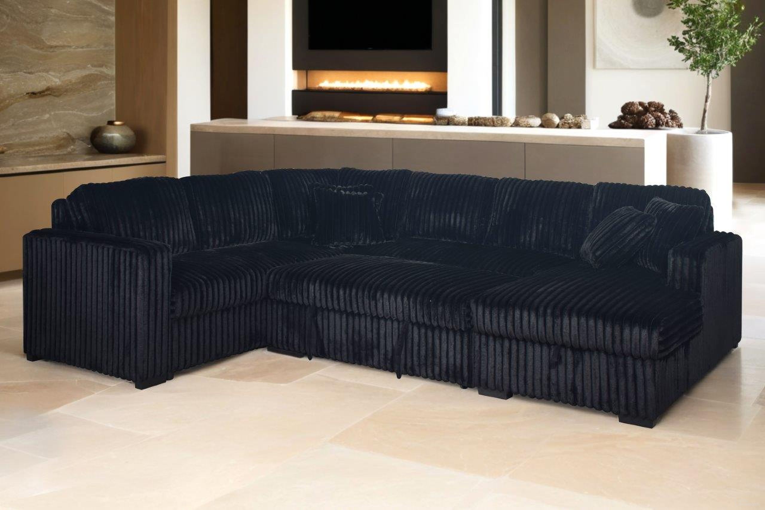 The appearance of Bliss RAF Sleeper Sectional In Midnight designed by New Classic in the modern / contemporary interior design. This midnight black piece of furniture was selected by 1StopBedrooms from Bliss Collection to add a touch of cosiness and style into your home. Sku: U1899-L21-BLK;U1899-L20-BLK;U1899-R27-BLK. Orientation: RAF. Material: Corduroy.