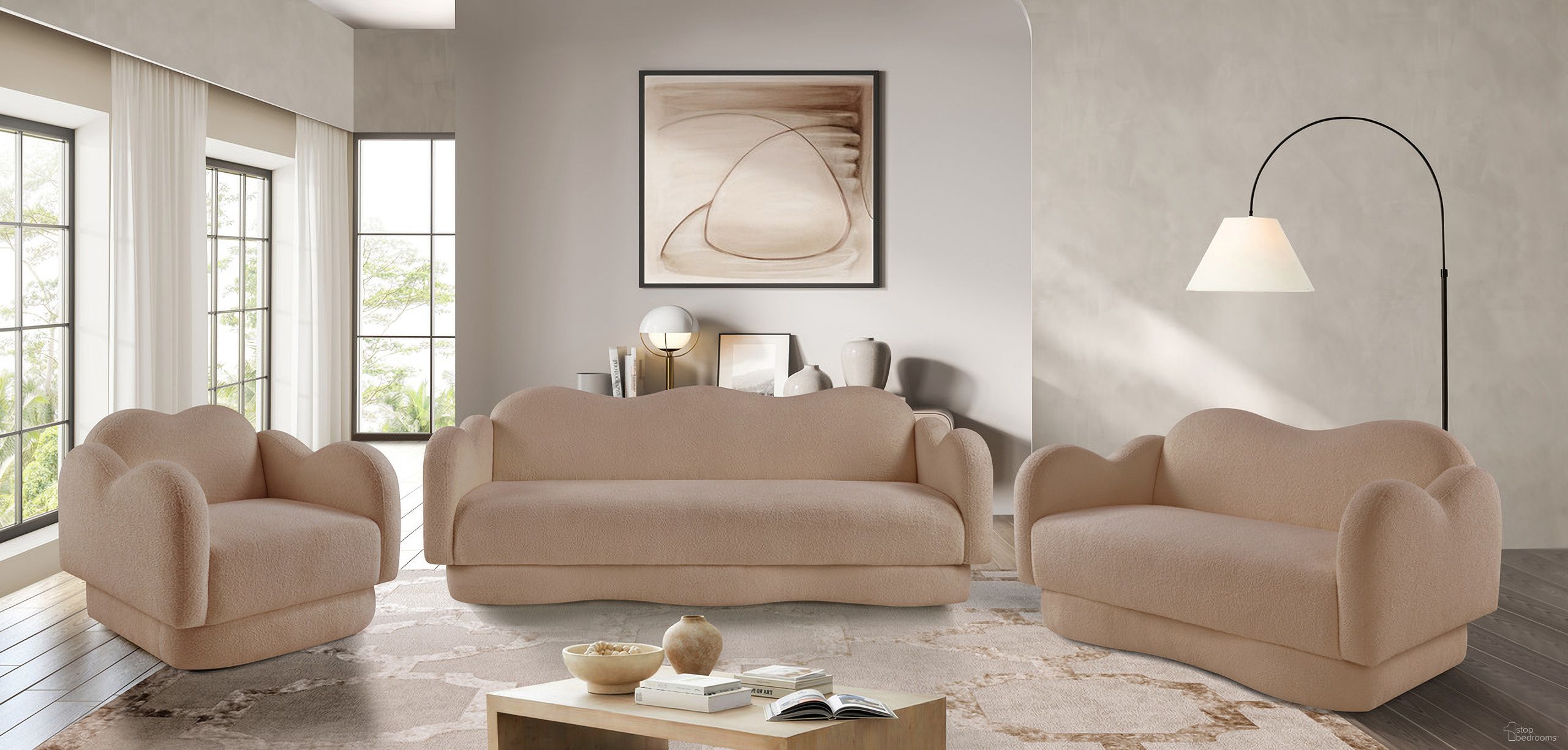 The appearance of Bloom Teddy Living Room Set In Beige designed by Meridian in the modern / contemporary interior design. This beige piece of furniture was selected by 1StopBedrooms from Bloom Collection to add a touch of cosiness and style into your home. Sku: 44006Beige-S;44006Beige-L. Material: Eucalyptus.