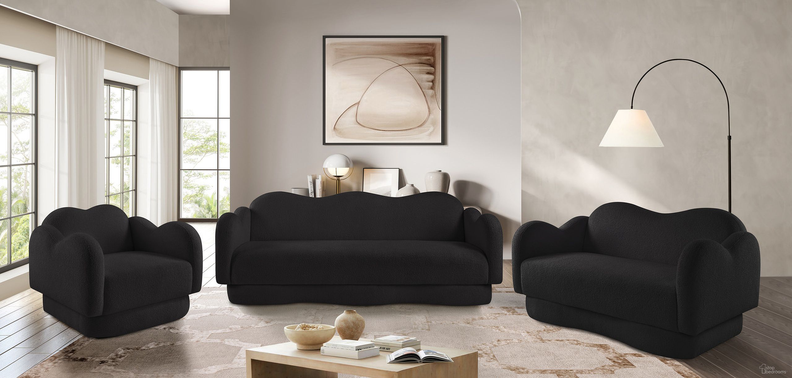 The appearance of Bloom Teddy Living Room Set In Black designed by Meridian in the modern / contemporary interior design. This black piece of furniture was selected by 1StopBedrooms from Bloom Collection to add a touch of cosiness and style into your home. Sku: 44006Black-S;44006Black-L. Material: Eucalyptus.